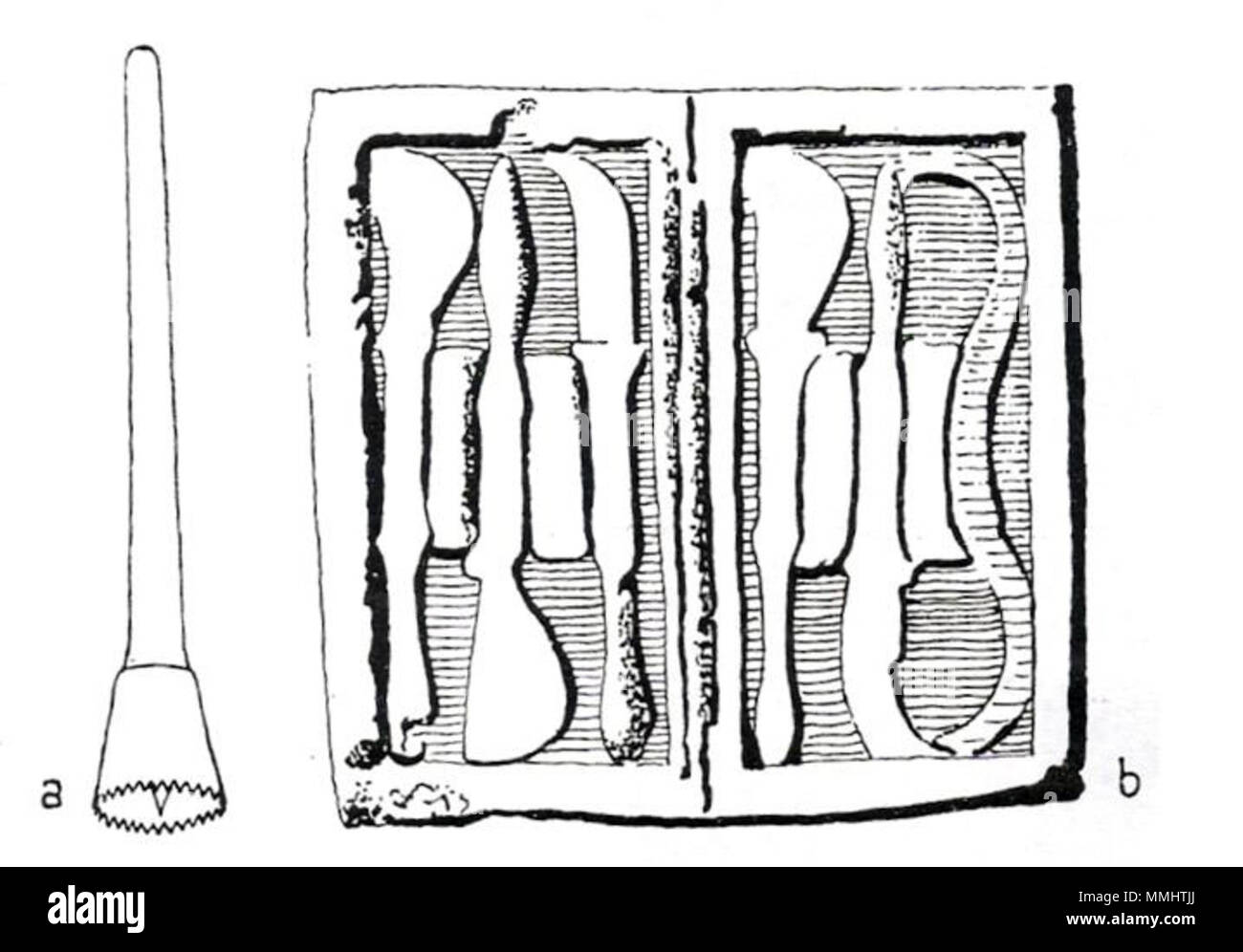 . Anglais : les instruments utilisés par les chirurgiens de la Grèce antique. Contenu : (a) trephine. (B) Cas des scalpels. . Scanné par utilisateur:Rmrfstar à partir de la page 33 de : Singer, Charles & Underwood, E. Ashworth (1962), Brève histoire de la médecine, Oxford University Press, New York et Oxford, Bibliothèque du Congrès ID : 62-21080. Texte anglais supprimé par l'utilisateur:Shinzon. 44 Ancientgreek neutre lang chirurgicale Banque D'Images