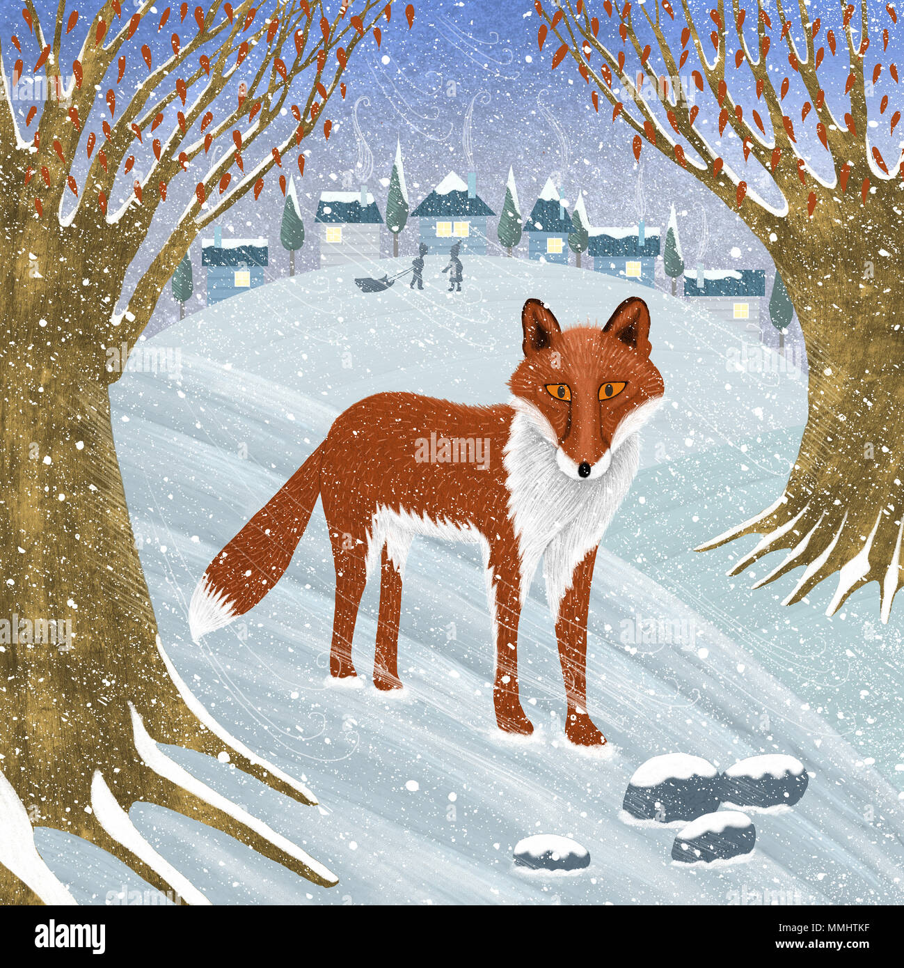 Une illustration d'un renard solitaire errant dans les bois à la campagne, pendant la saison d'hiver. Banque D'Images