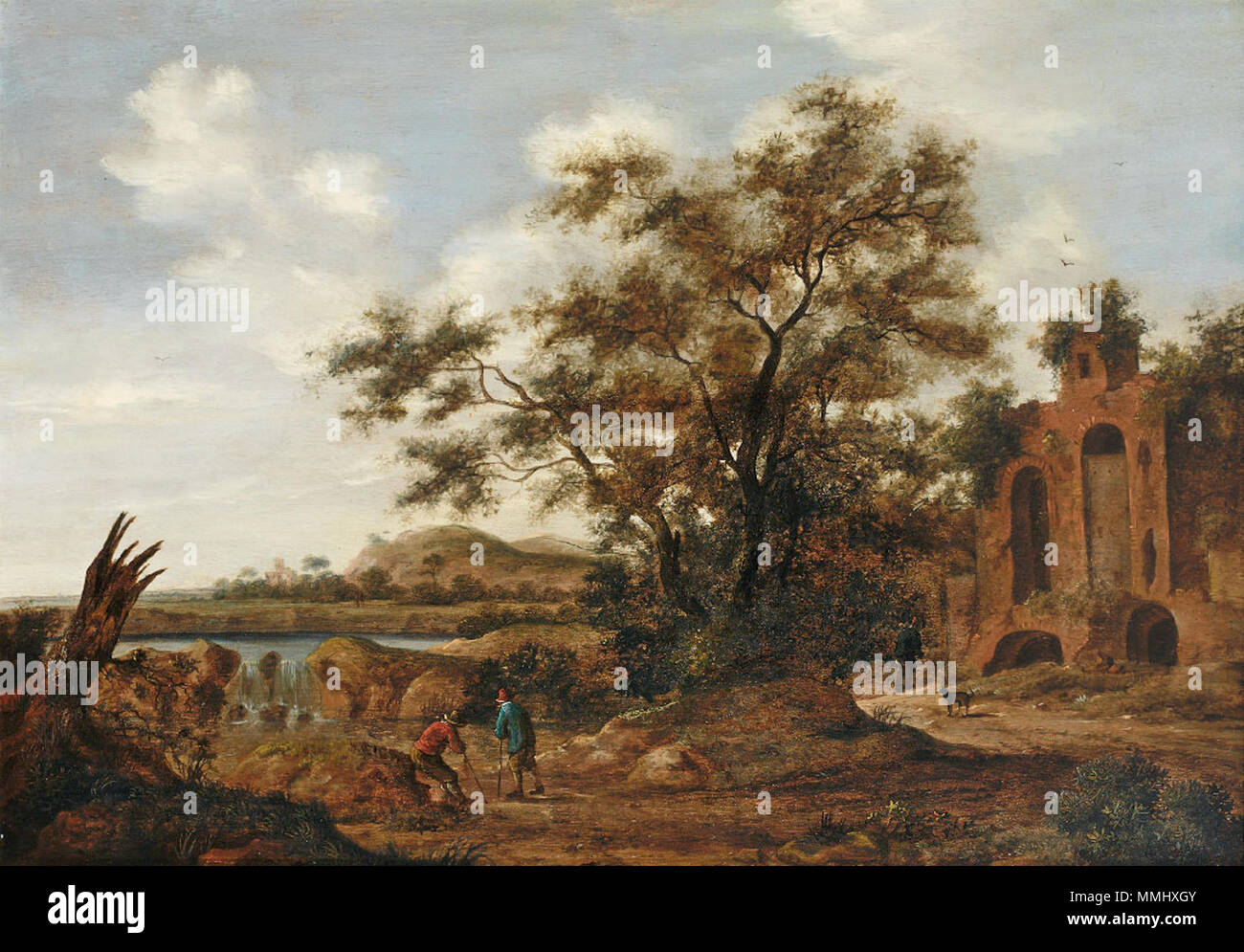 Bewaldete Flusslandschaft mit Reisenden une ruine.. 17e siècle. voir description 28 H Adriaen Verboom Flusslandschaft Banque D'Images