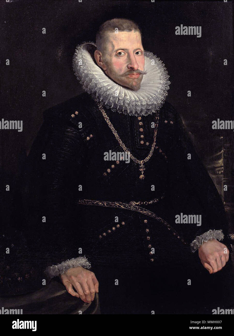 . Anglais : Portrait de l'Archiduc Albrecht (1559-1621), dans un costume noir brodé d'or avec un olensteenkraag "dentelle blanche' et l'ordre de la Toison d'accrochée à une chaîne en or huile sur toile 103,4 x 78,4 cm. . 16ème/17th siècle. Cercle de Pierre Paul Rubens 54 l'Archiduc Albrecht (1559-1621) - Cercle de Pierre Paul Rubens Banque D'Images