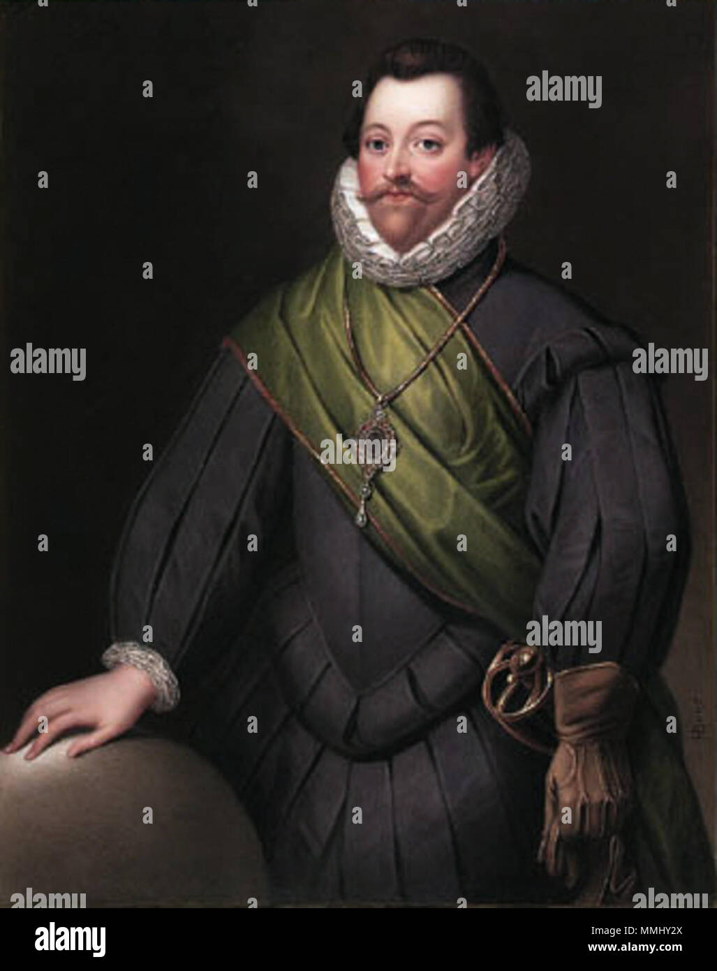 . Anglais : Sir Francis Drake (ch. 1540-1596), orienté vers la gauche en gris plissé permanent doublet avec col et poignets en dentelle, bordée d'or volé vert drapé sur sa poitrine, l'épée à son côté, tenant une paire de gants dans sa main gauche et sa main droite posée sur une sphère, le port du bijou Drake sur une chaîne en or autour de son cou signé 'HBone' (en bas à droite) et signé, daté et inscrit dans son intégralité sur le contre-émail 'Monsieur Francis Drake. après une photo en la possession de Sir Tho:s Trayton Fuller Eliott Drake Bar:t de Cour Nutwell, près de Honiton, Devon Londres Avril 1829 Peint par Henry R. UN OS Banque D'Images