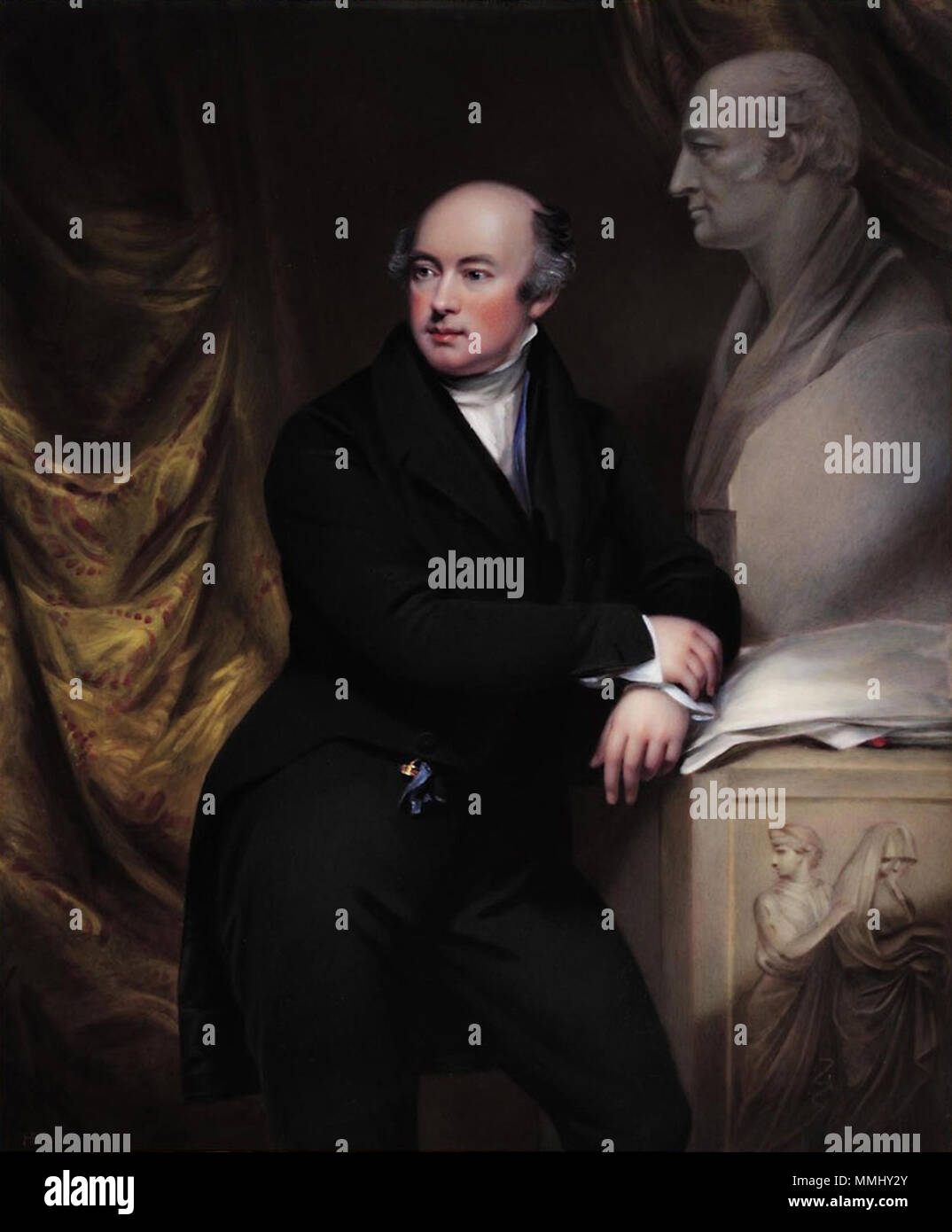 . Anglais : Sir Francis Leggatt Chantrey, R.A. (1782-1841), en noir matin costume, gilet bleu avec de l'or-fob,joint debout à côté du buste de William Hyde Wollaston, F.R.S. (1766-1828) sur un socle signé, daté et inscrit sur la contre-émail 'Francis Chantrey sculpteur. Londres 1831 R.A. peint en émail par Henry Bone R.A. Enamel painter à Sa Majesté &c &c après la *Original par J. Jackson R.A.' émail sur cuivre 242 x 188 mm. . 1831. L'os d'après John Henry Jackson Francis Leggatt Chantrey (1782-1841' par Henri Bone après John Jackson Banque D'Images