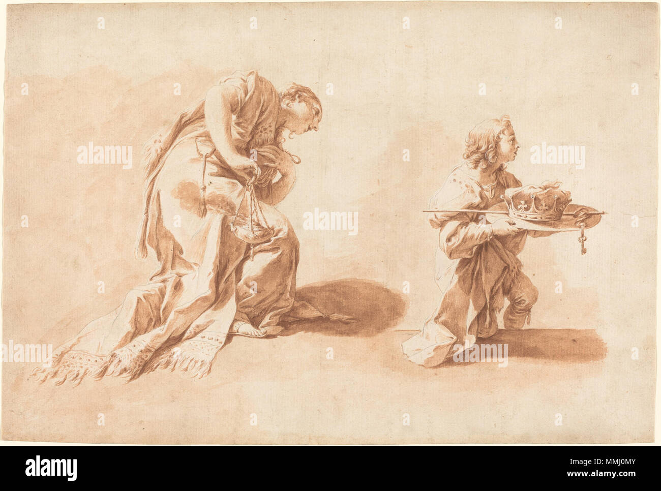 Anton Kern après Giovanni Battista Pittoni (Bohème, 1709 - 1747 ), une femme agenouillée avec un brûleur d'encens et une page tenant une couronne et Sceptre, c. 1726, plume et encre brune avec lavis plus de craie noire, rehaussée de blanc sur papier vergé, Don de William B. O'Neal, en l'honneur du 50e anniversaire de la galerie nationale d'art Anton Kern - Kniende und Page (ca.1726) Banque D'Images