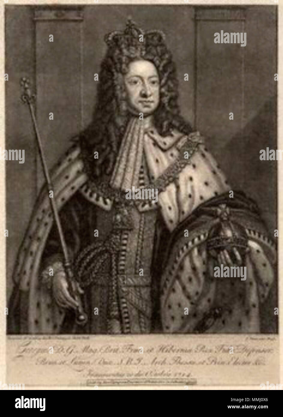 . Anglais : George I de Grande-Bretagne (1660-1727, r. 1714-1727) par ; d'après John Faber ; Sir Godfrey Kneller, bt, print,(1716) George I avec sceptre Banque D'Images