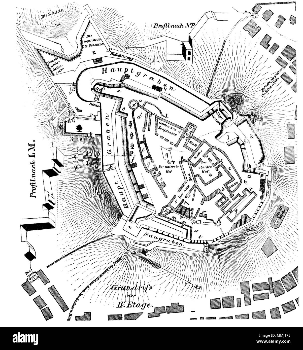 . Deutsch : Bauaufnahme (IV Etage) des de:1763 Dillenburger Schlosses durch den Fähnrich I. H. von Pfau (Umzeichnung aus dem 19. Jh.) . 1763. I. H. von Pfau/ Vélo Plan des Schlosses von I H von Pfau 1763 IV Etage Banque D'Images