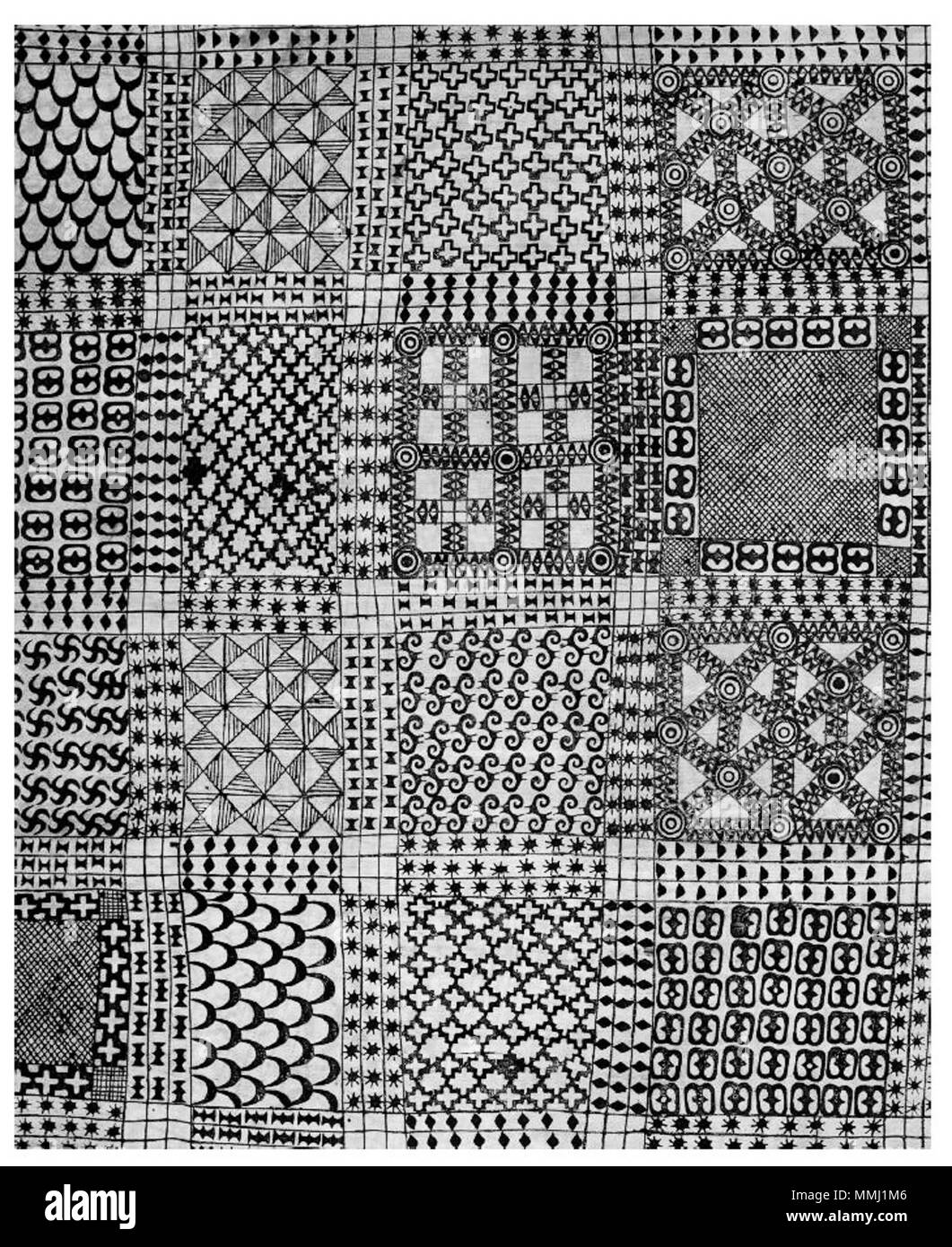 . Anglais : tissu Adinkra deuil recueillis par Thomas Edward Bowdich en 1817. Bowdich obtient ce tissu de coton à Kumasi, une ville du centre-sud du Ghana. Les motifs ont été imprimés à l'aide de calebasses sculptées des timbres et un colorant à base de légumes. Ce plus ancien exemple de l'art adinkra et dispose de quinze estampillé de symboles, y compris l'nsroma (STARS), double (ntoasuo dono Dono batterie), et les diamants. British Museum. . 18e siècle, recueillies en 1817. photo de travail 2D de plus de 100 ans tissu Adinkra Banque D'Images