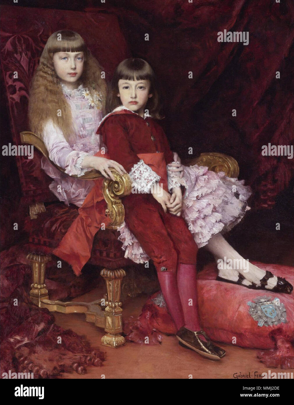 Portrait du Duc de Chartres' les enfants : Le Duc de Guise et d'une de ses soeurs, l'avenir Duchesse de Magenta la princesse Marguerite d'Orléans (1869-1940) et le Prince Jean d'Orléans (1874-1940) par Gabriel-Joseph-Marie-Augustin Ferrier Banque D'Images