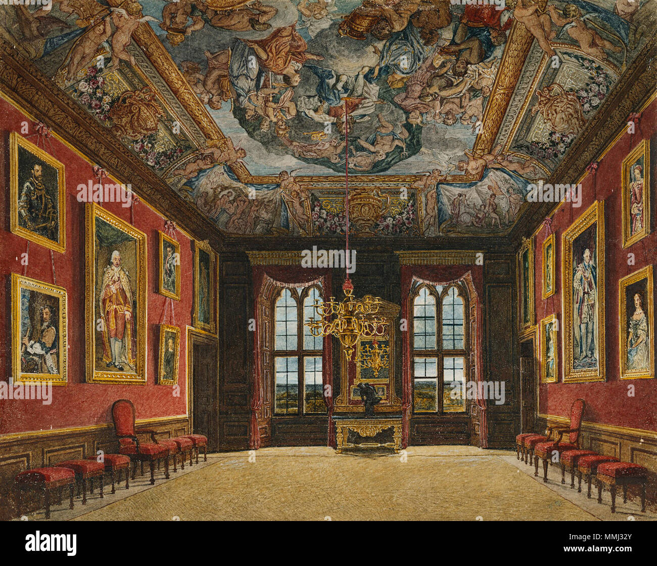 . Anglais : une vue de la chambre de garde de la Reine au château de Windsor La gravure aquatinte de cette photo a été publié dans l'assiette de 14 W. Pyne (1819), l'histoire du Royal Residences l'ancien État du roi chambre à coucher, le château de Windsor.. 1817. Le Château de Windsor, King's Old State chambre ŕ coucher, par Charles Wild, 1816 - Royal coll 922106313687 2 ORI Banque D'Images