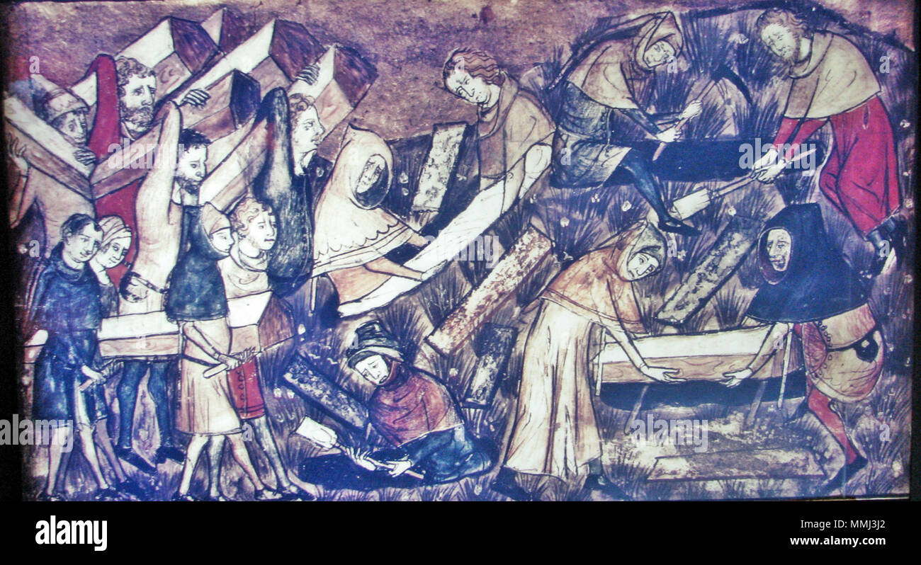 . Français : pièce dépeignant une miniature d'un manuscrit du 14ème siècle en Belgique au Musée de la diaspora, à Tel Aviv - fr:Beit Hatefutsot. Le musée note dit "Les citoyens de Toumai enterrer leurs morts au cours de la mort noire. À partir de la Miniature manuscrit, Belgique, 14ème siècle'. (La photo a été prise par fr:Utilisateur:Sodabottle) . Le 8 août 2011. 86 Inconnu, tourmai de Blackdeath Banque D'Images