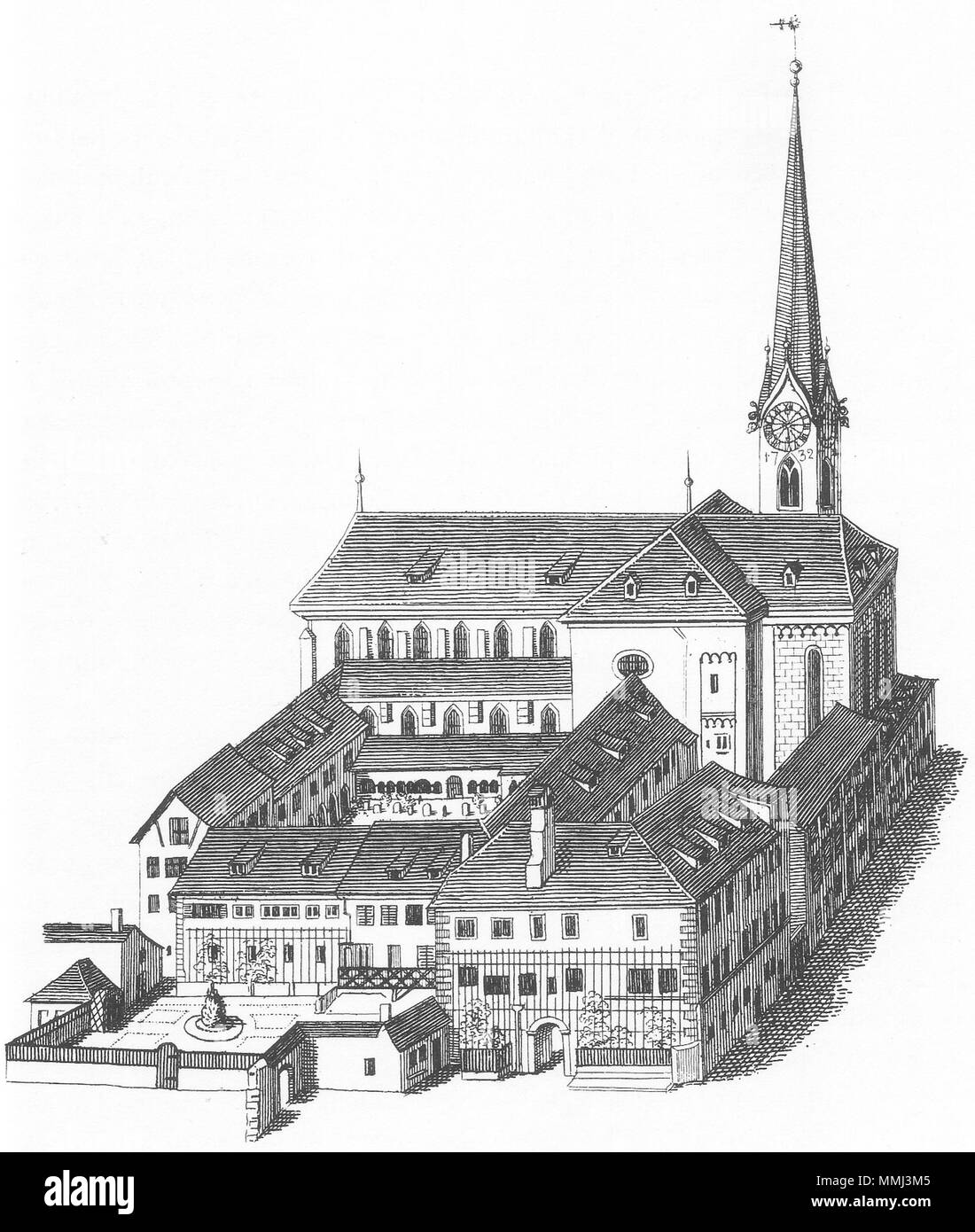 . Deutsch : Ansicht der Fraumünsterkirche und der Abteigebäude à Zürich um ca. 1750. L'Fraumünsterkirche à Zurich. 1830. Heinrich Keller Abtei und Fraumünster 1830 Banque D'Images