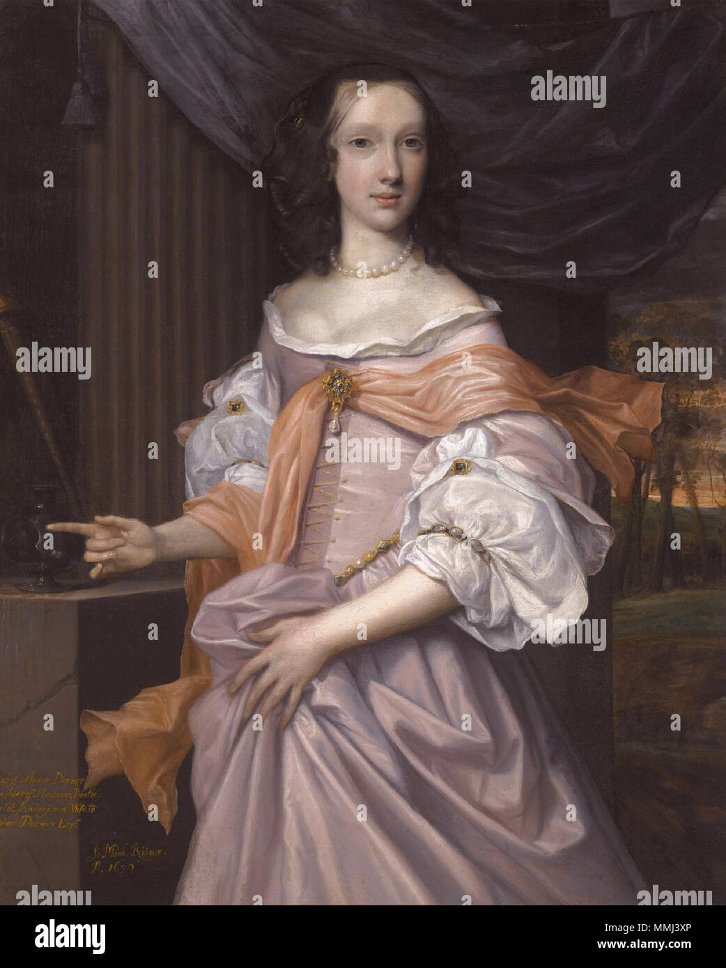 . Anglais : Dormer Catherine, fille de Montagu Bertie, 2e comte de Lindsey (d. 1659) huile sur toile 123 x 99,5 cm 1659 inscrit l.l.:Dame Catherine / Dormer fille de Montague Bertie / Comte de Lindsey.. et épouse de / Robert Dormer Esqr. signé et l.l. : J.Mich:Ritus / P.1659 . 1659. Dormer Catherine, fille de Montagu Bertie, 2e comte de Lindsey, par John Michael Wright Banque D'Images
