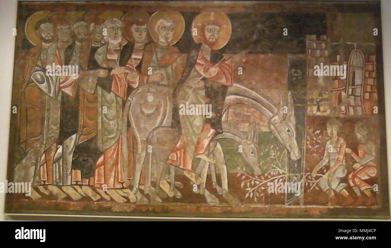 . Anglais : fresque du 12ème siècle de la place d'ermitage de San Baudelio toile, transférée à l'entrée du Christ à Jérusalem. 1125. Entrée du Christ à Jérusalem par le maître de San Baudelio de Berlanga Banque D'Images