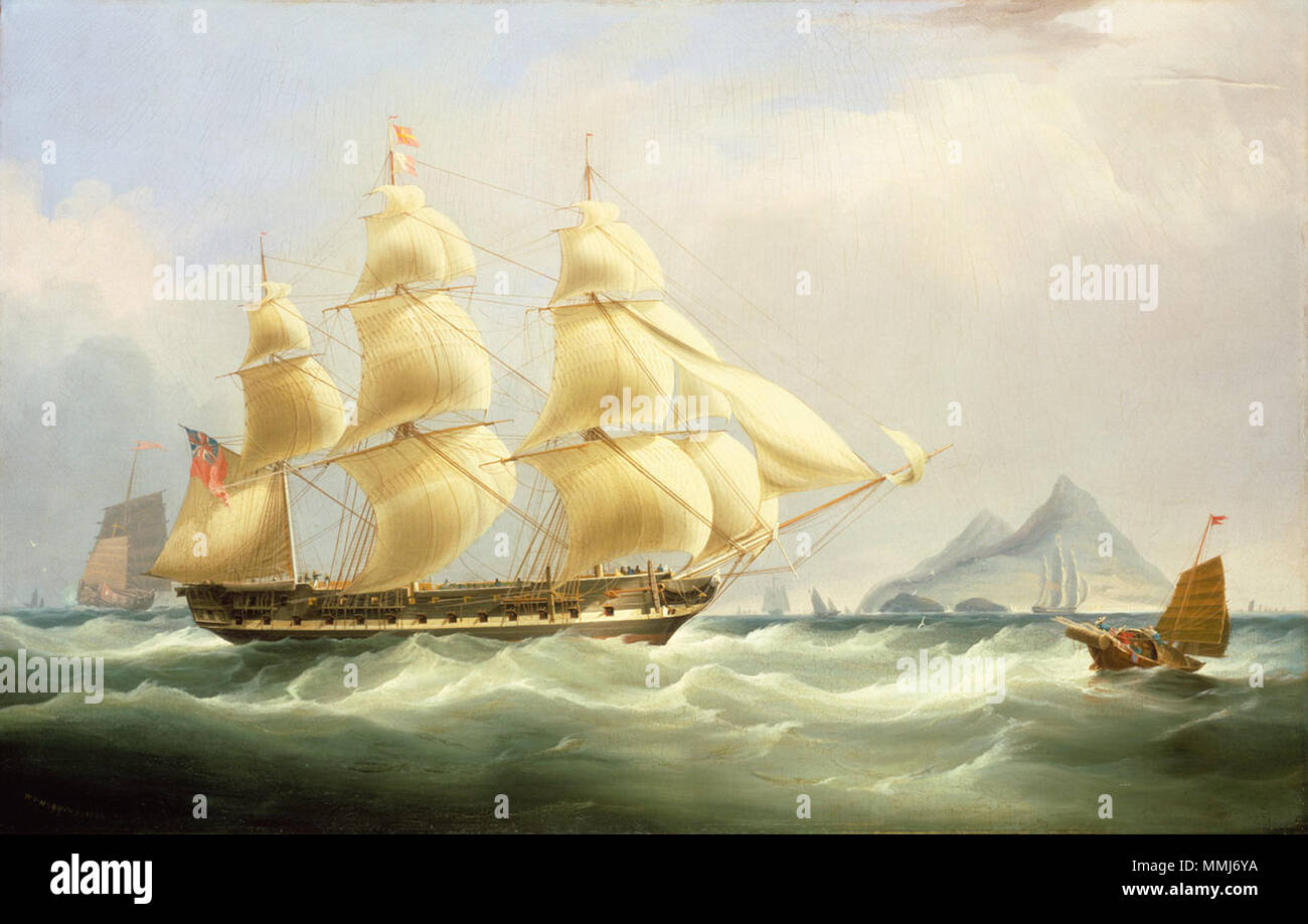 . Le bateau a été construit en 1811 et est montré au large de Hong Kong entre 1831 et 1832, vers la fin de sa carrière. L'artiste a représenté dans son flanc tribord, battant pavillon rouge et distinguer les drapeaux. Jonques chinoises ont été montré à gauche et à droite de son, avec plus d'expédition dans la bonne distance représentée en face d'une île. L'objet d'Indiamen à l'Est était familière à Huggins qui avaient probablement commencé sa vie active en mer et servi dans l'East India Company en tant qu'intendant et commissaire adjoint à bord du "persévérance", qui s'embarque pour l'Inde et la Chine dans de Banque D'Images