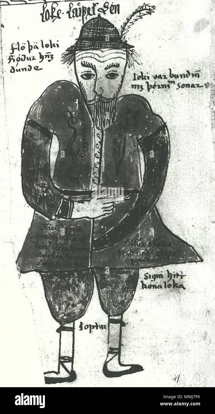 . Une illustration de la figure des Scandinaves Loki, à partir d'un manuscrit islandais du 17e siècle. La numérisation d'une photographie en noir et blanc. . 1680[1]. . Inconnu 41 738 4d, 41r, BW Loki Banque D'Images