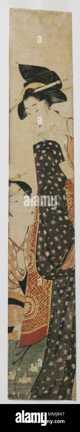 . Anglais : numéro d'Accession : 1957.124 Artiste Affichage : Affichage Kitagawa Utamaro Titre : beauté avec une serveuse holding a tray Date de création : 1798-1800 Hauteur : 23 3/8 in. Largeur : 3 15/16 in. Dimensions d'affichage : 23 3/8 po. x 3 15/16 in. (59,37 cm x 10 cm) de la ligne de crédit : legs de Mme Cora Burnett Timken copie de l'étiquette : "Vers la fin de sa carrière, l'artiste d'oiseau-oeil privilégié vues de paysages. Lorsqu'il a conçu cette page imprimer plus de deux cents bateaux exploités sur la voie navigable entre les gares d'Arai et Maisaka, tant pour la pêche et le transport voyageurs sur le Tokaido. ' Collection : Le San Banque D'Images