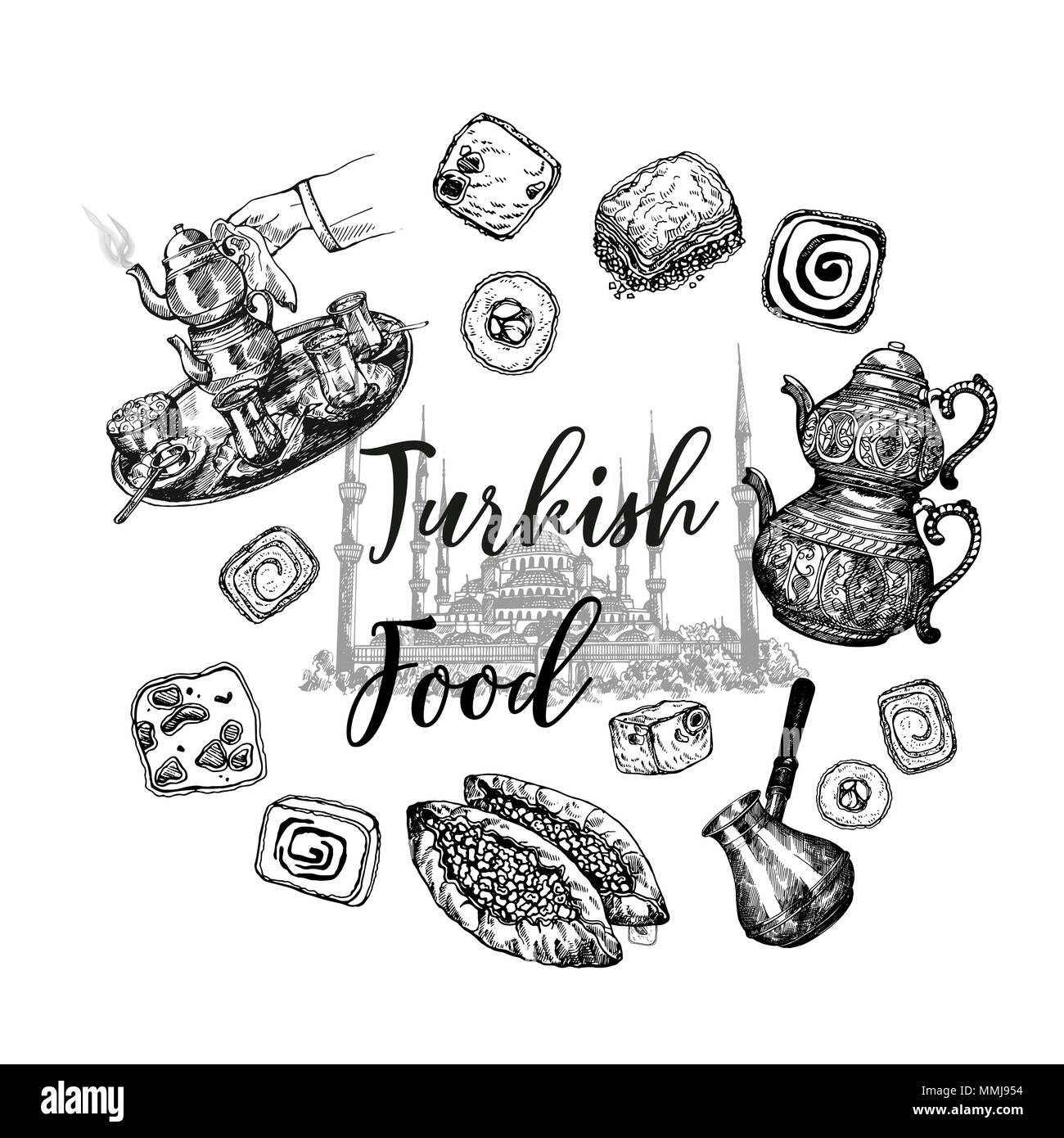 Ensemble de main style croquis loukoum, nourriture, thé et café isolé sur fond blanc. Vector illustration. Illustration de Vecteur