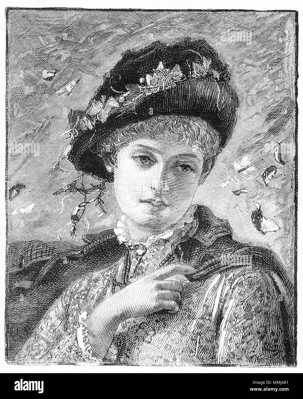 Gravure d'une charmante jeune femme en robe victorienne. À partir d'une gravure originale à la jeune fille son propre magazine papier 1882. Banque D'Images