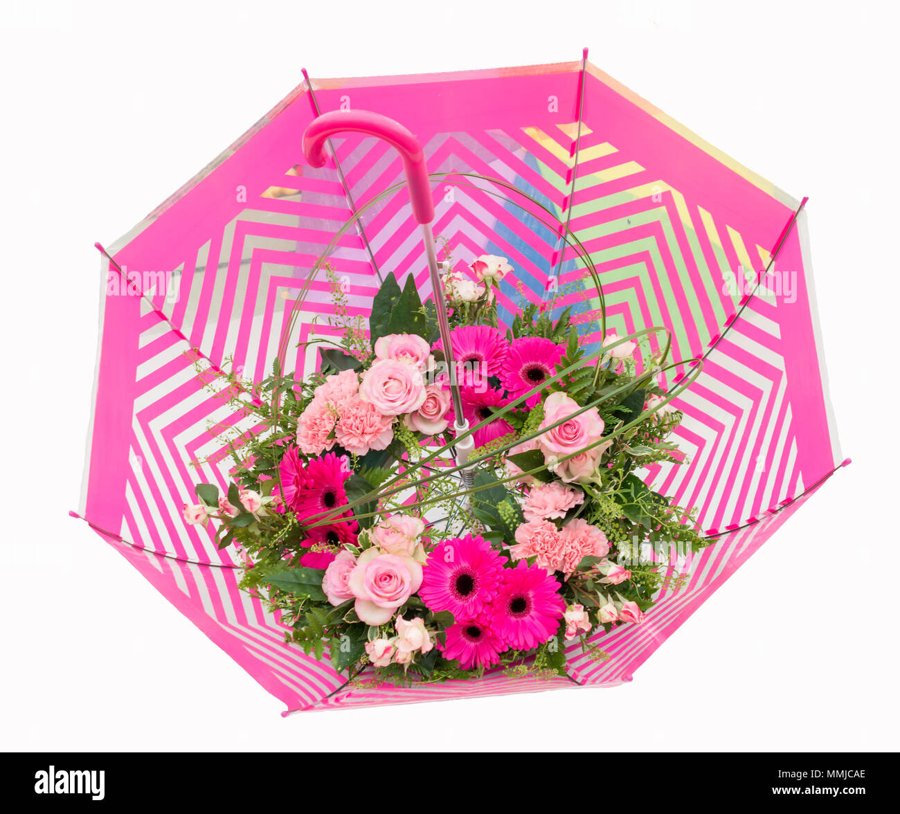 Parapluie rose plein de fleurs sur fond blanc Banque D'Images