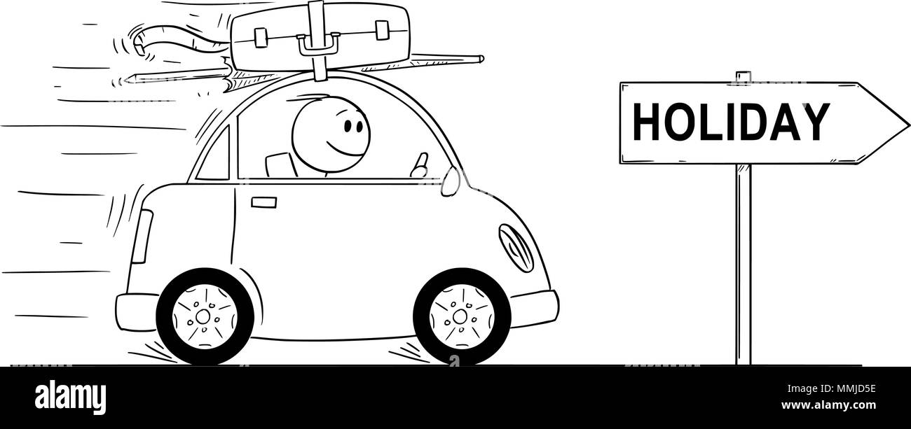 Caricature de Smiling Man passe en petite voiture. Panneau de flèche avec maison de texte. Illustration de Vecteur