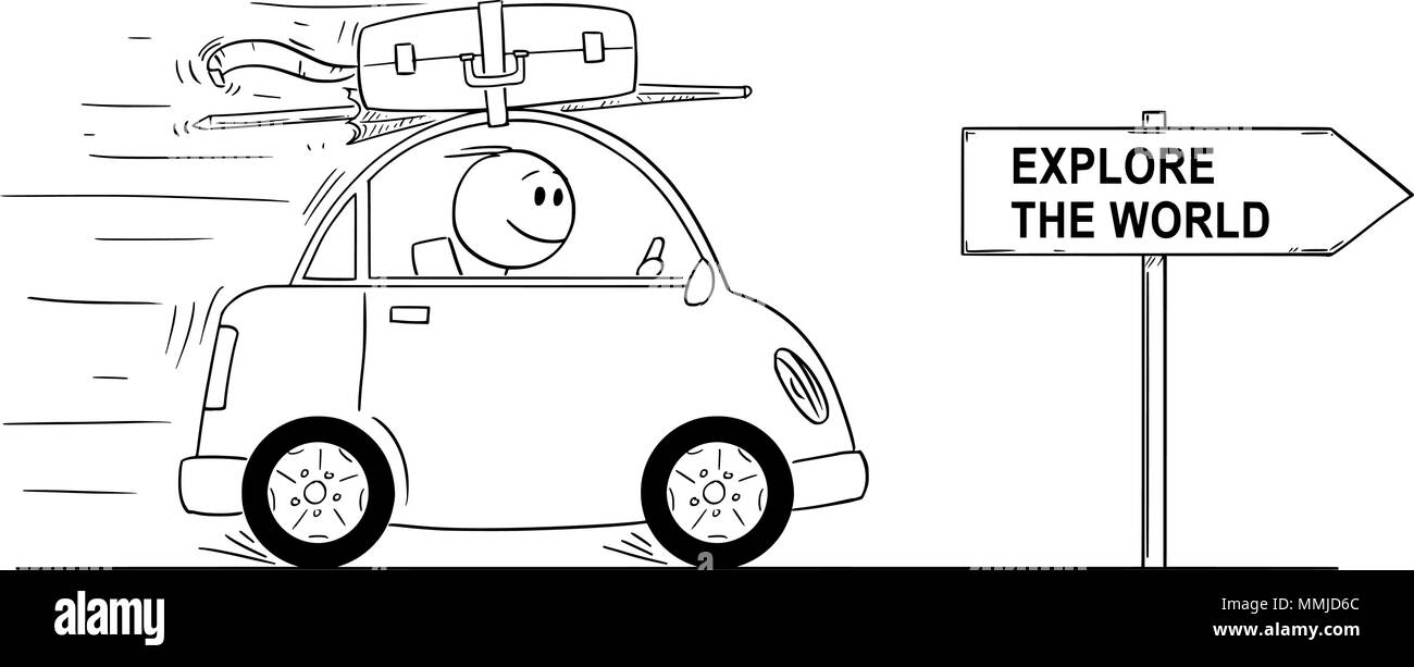 Caricature de Smiling Man passe en petite voiture en vacances ou vacances. Panneau de flèche avec Explorez le monde du texte. Illustration de Vecteur