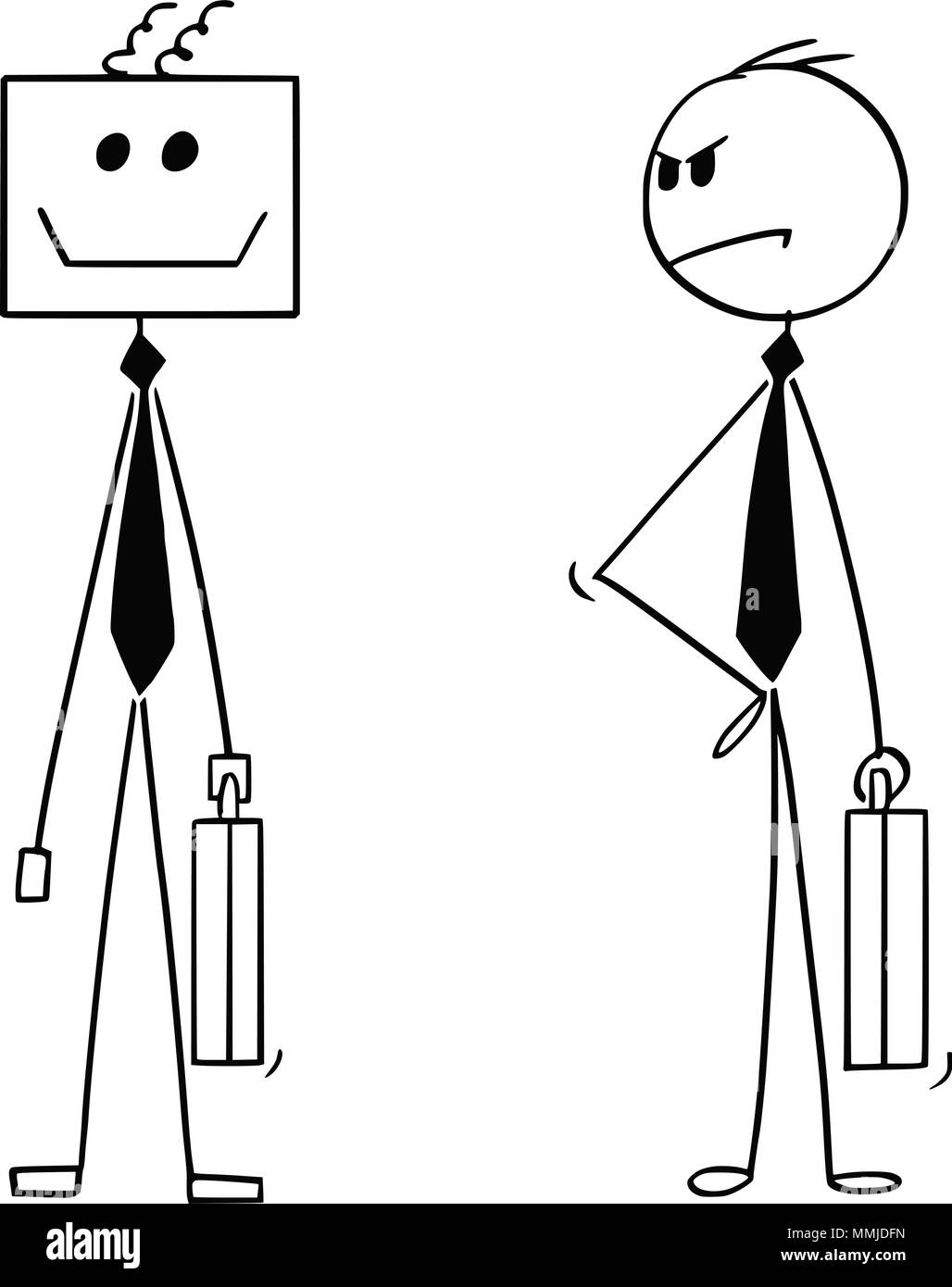 Caricature de Businessman Looking mécontent de son Intelligence Artificielle Robotique Robot IA ou collègue ou de remplacement Illustration de Vecteur