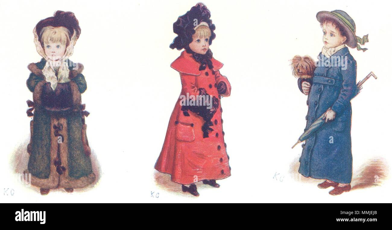 KATE GREENAWAY. Cartes de Noël ; 3 enfants 1905 ancienne imprimer photo Banque D'Images