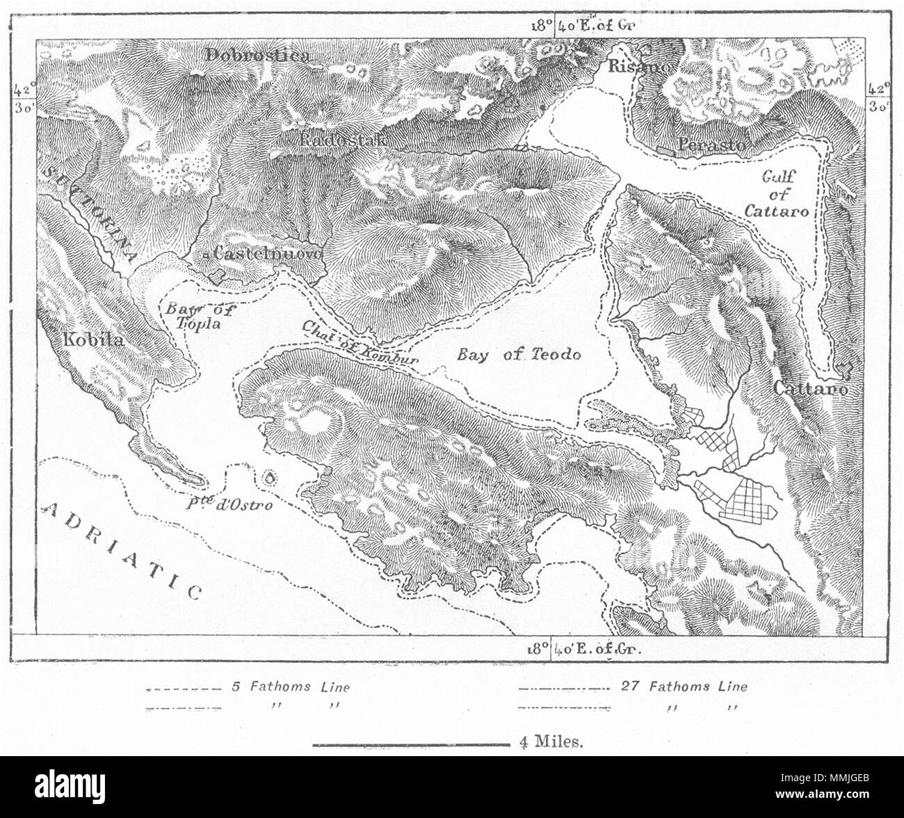 Le Monténégro. La baie de Kotor, sketch map c1885 ancienne vintage tableau plan Banque D'Images