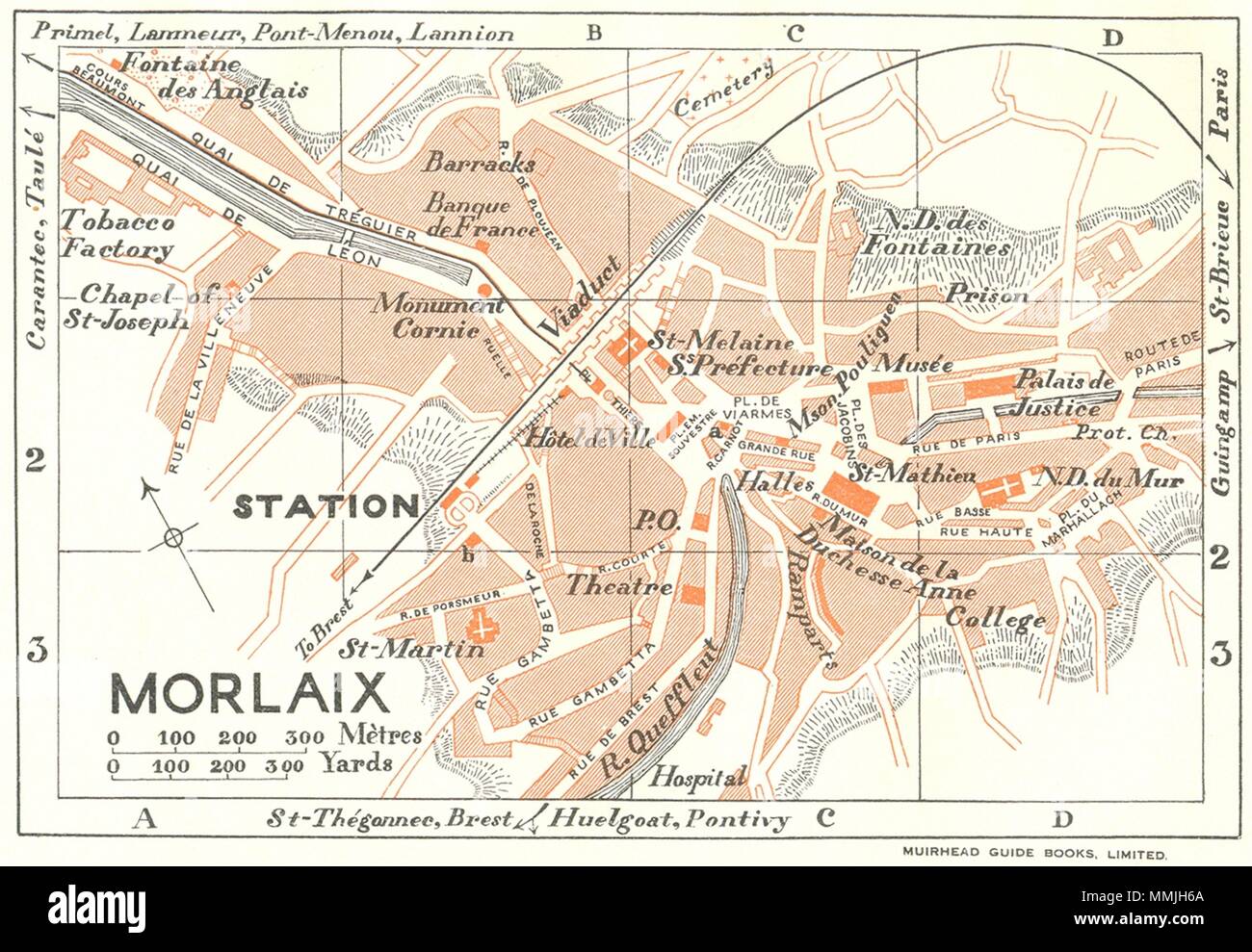 La BRETAGNE. Bretagne. Morlaix 1928 old vintage map plan graphique Banque D'Images