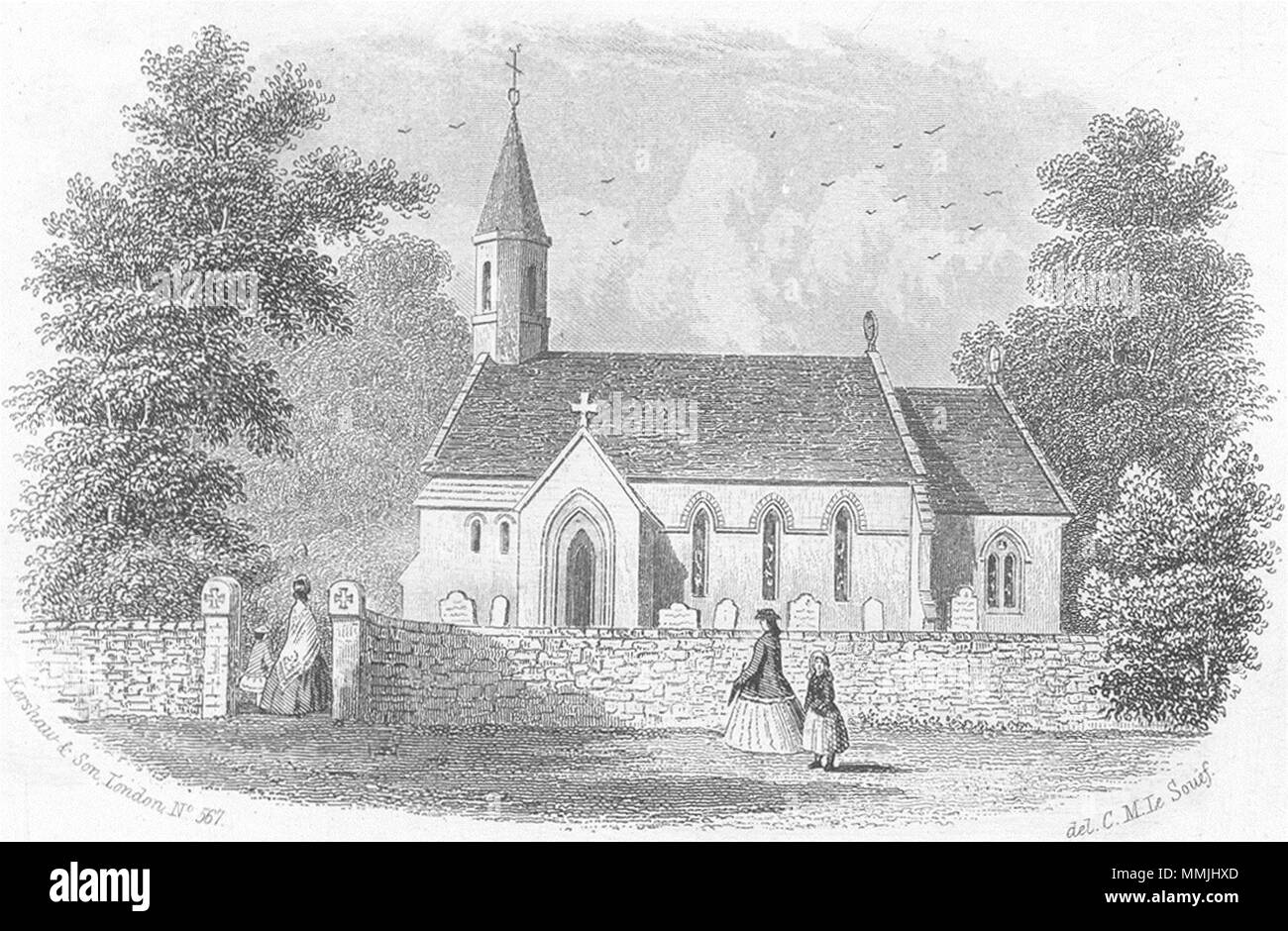 L'OIEAU. Église Binstead, île de Wight c1850 ancienne vintage print photo Banque D'Images
