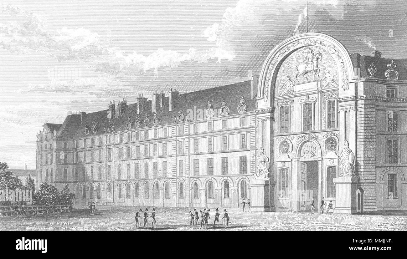 Les invalides. La façade principale, l'hôtel. La France. Pugin 1834 vieux ancien Banque D'Images