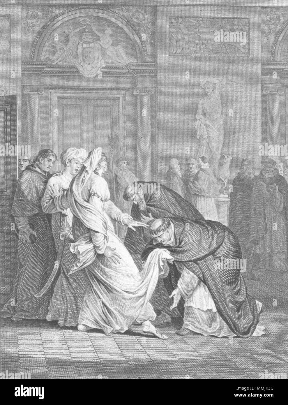 Religieux. Frères moines kissing lady's dress 1805 ancienne imprimer photo Banque D'Images
