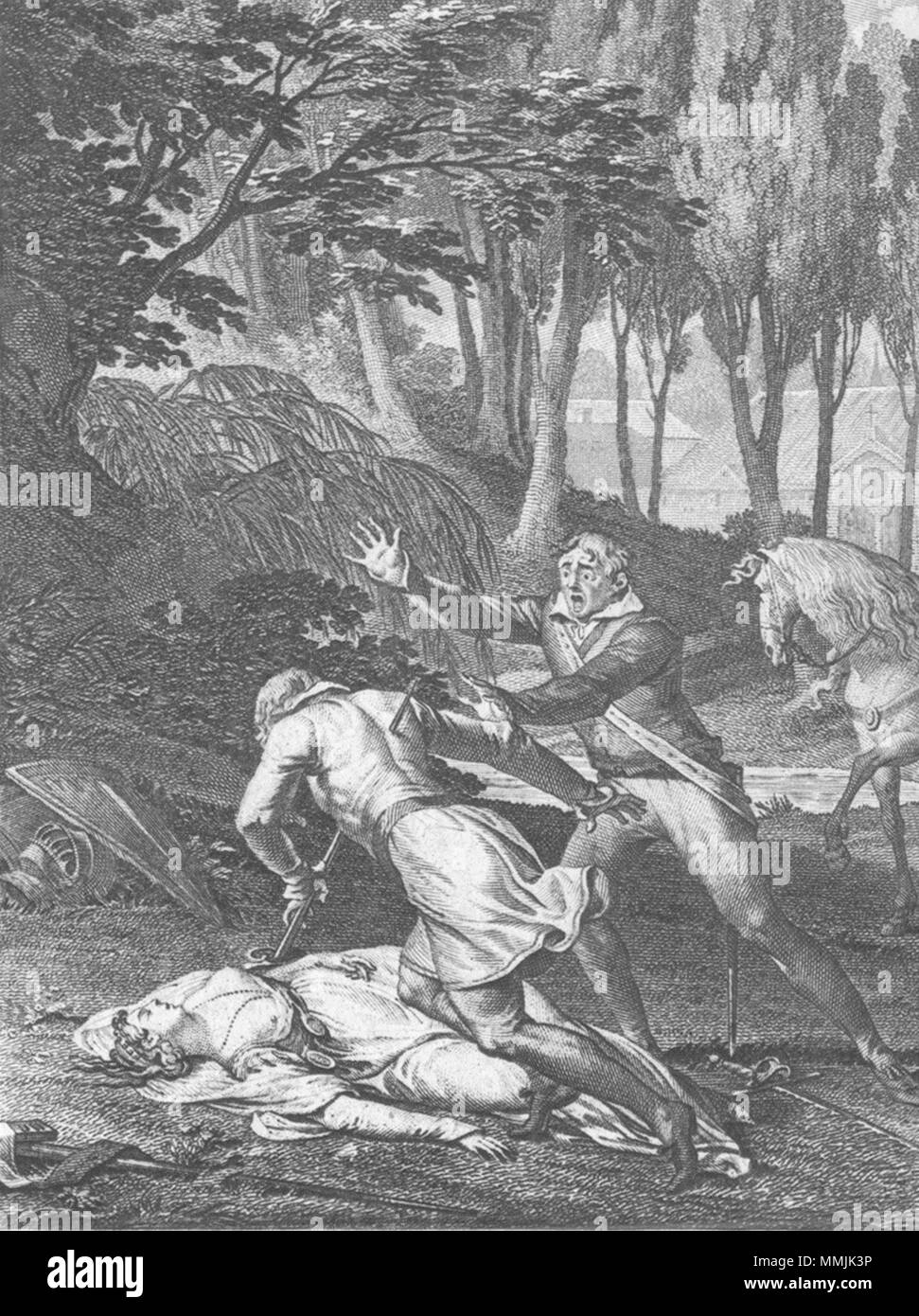 La romance. Dead Man, l'homme chute, épée c1800 ancienne imprimer photo Banque D'Images