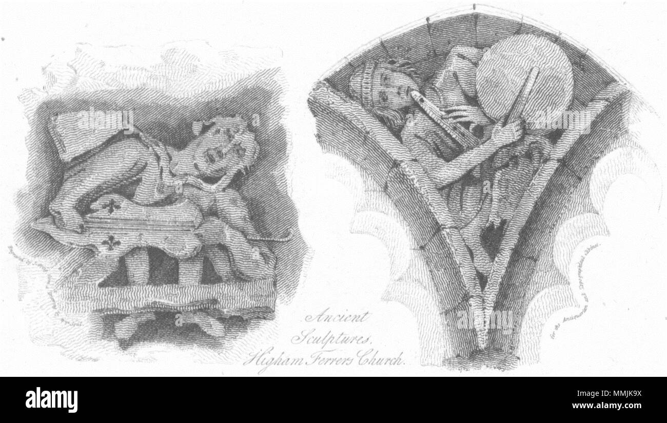 HIGHAM FERRERS. Sculptures antiques 1807 Église ancienne imprimer photo Banque D'Images