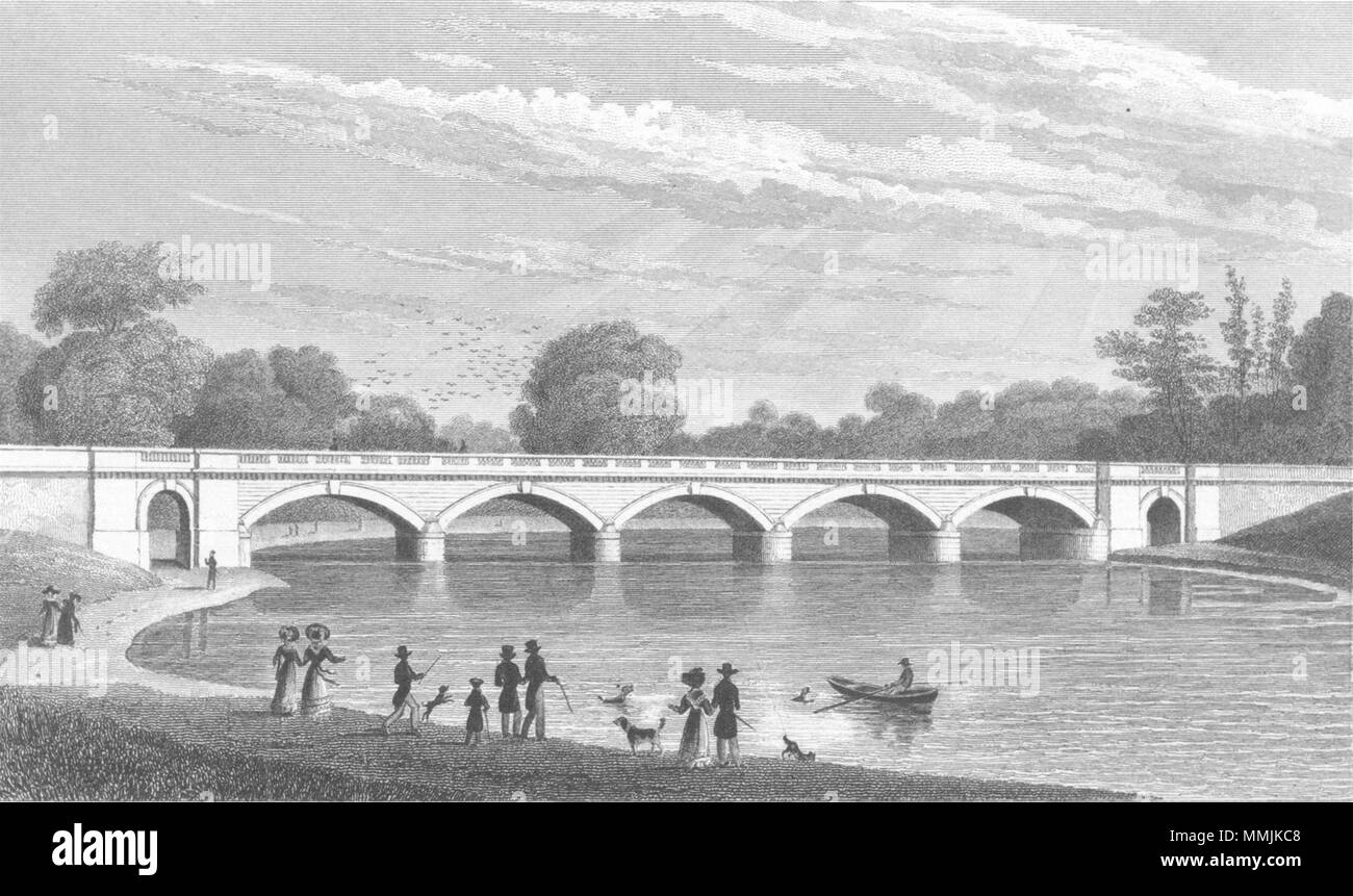 Londres. Nouveau pont, la serpentine, à Hyde Park 1827 old ancien photo Banque D'Images