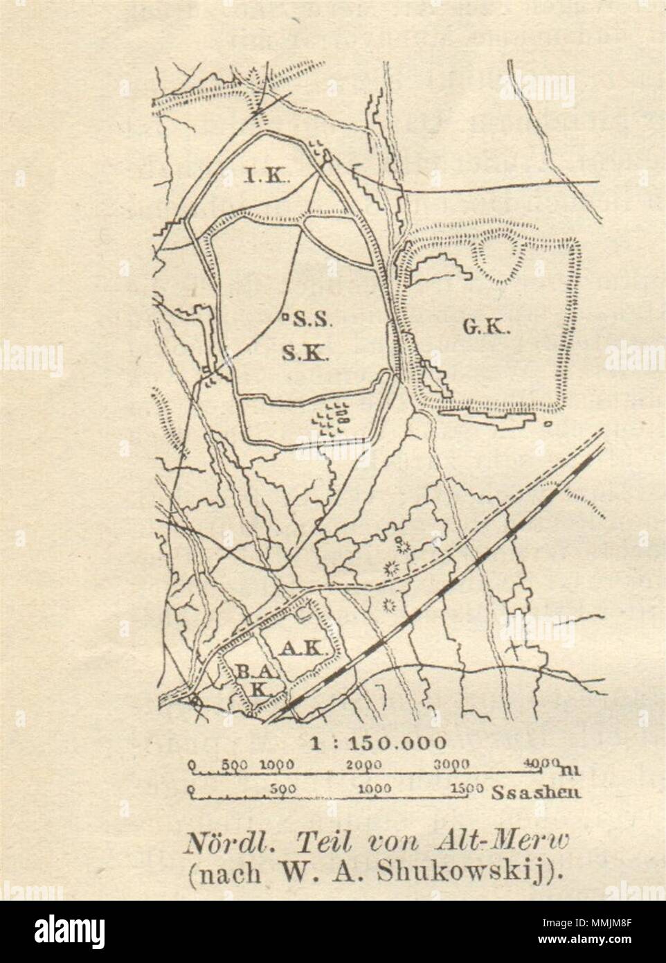 La partie nord de l'Alt-Merw. . 1912 BAEDEKER ancienne carte graphique plan vintage Banque D'Images