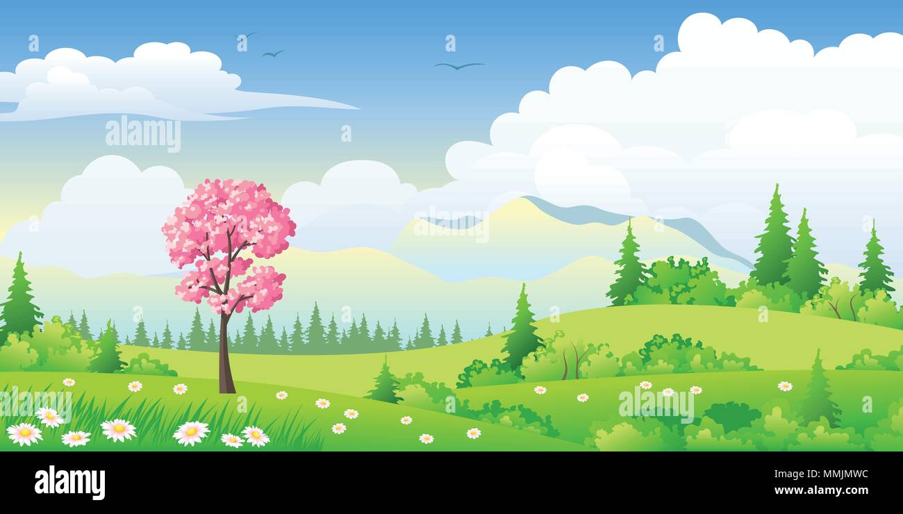 Paysage de printemps avec arbre en fleurs Illustration de Vecteur