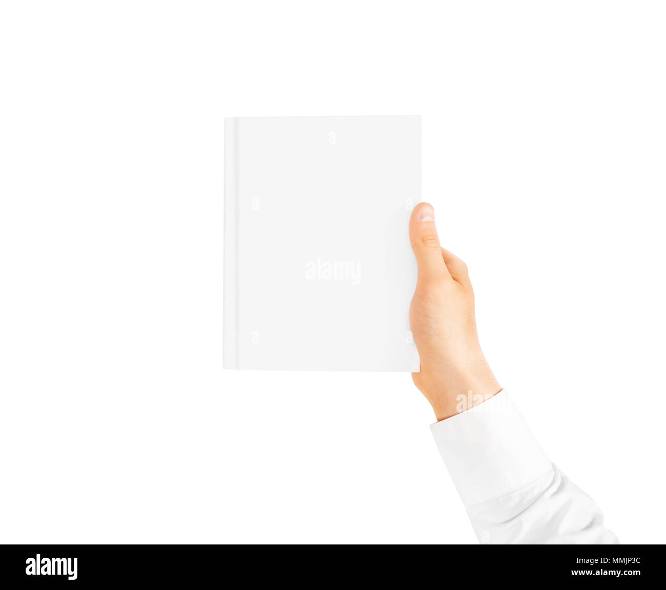 Part en chemise blanche chemise holding blank maquette de couverture de livre dans la main. Catalogue maquette modèle vertical hold dans le bras. La surface du couvercle de l'ordinateur portable claire Livret de présentation. Catalogue des manuels. Banque D'Images