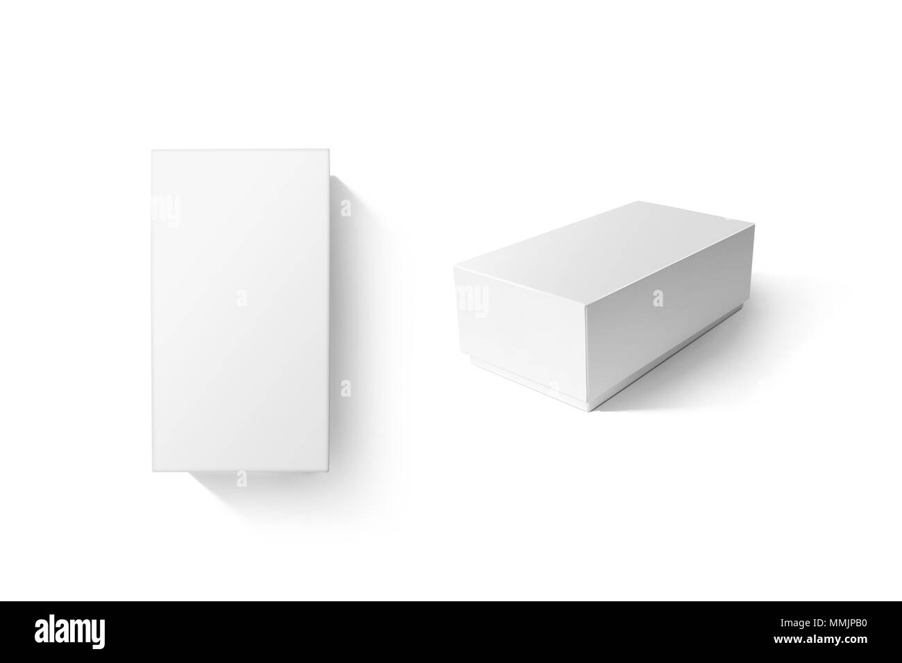 Carton blanc produit box set immersive, haut Vue latérale, chemin de détourage. Rectangle en carton blanc clair caisse téléphone des maquettes. Modèle de trousse de chaussures fermées simples isolées. Magasin Smartphone pack de produits. Banque D'Images