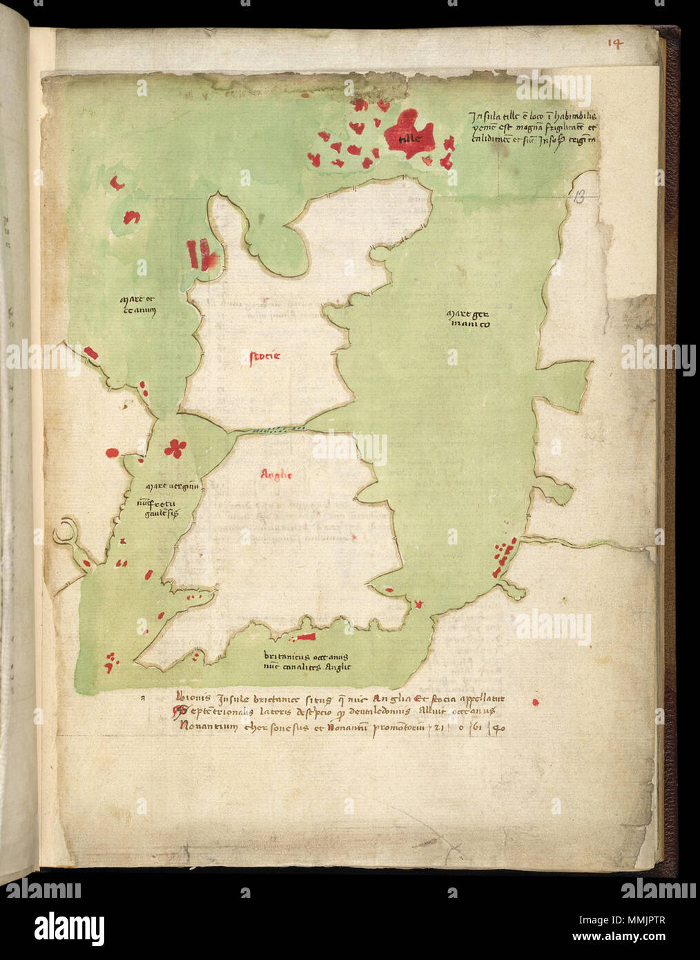 . Anglais : une carte d'Amérique latine de Grande-Bretagne, montrant qu'il réparti entre l'Angleterre, l'Écosse (Anglie) (Scotie), et Thulé (Tille, placé comme une combinaison de les Orcades et les Shetland). . 1436 x 1450. Emanuel Confucius & Jacobus Angelus's translation de la Géographie de Ptolémée Îles britanniques comme représenté dans le Codex Minuscule 3686 Harley Banque D'Images