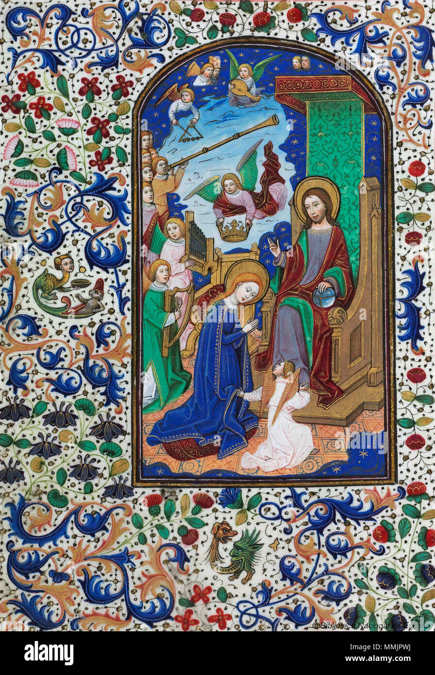 . Français : Le couronnement de la Vierge, p. 111v du Livre d'heures de Léonor de la vage, c 1468, bibliothèque nationale d'Espagne (inv. Vitr/24/2) . 1er janvier 1468. attribué à Willem Vrelant Couronnement de la Vierge - Libro de horas de Leonor de La Vega Banque D'Images