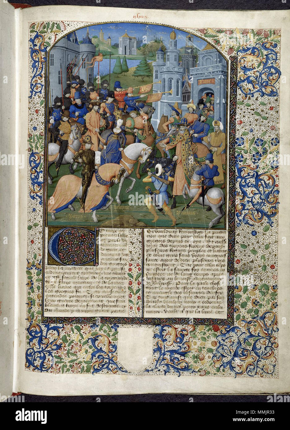 Harley 4376 f.90 Bouquechardière BL - Harley 4376 F. 90 Pâris et Hélène (page) Banque D'Images