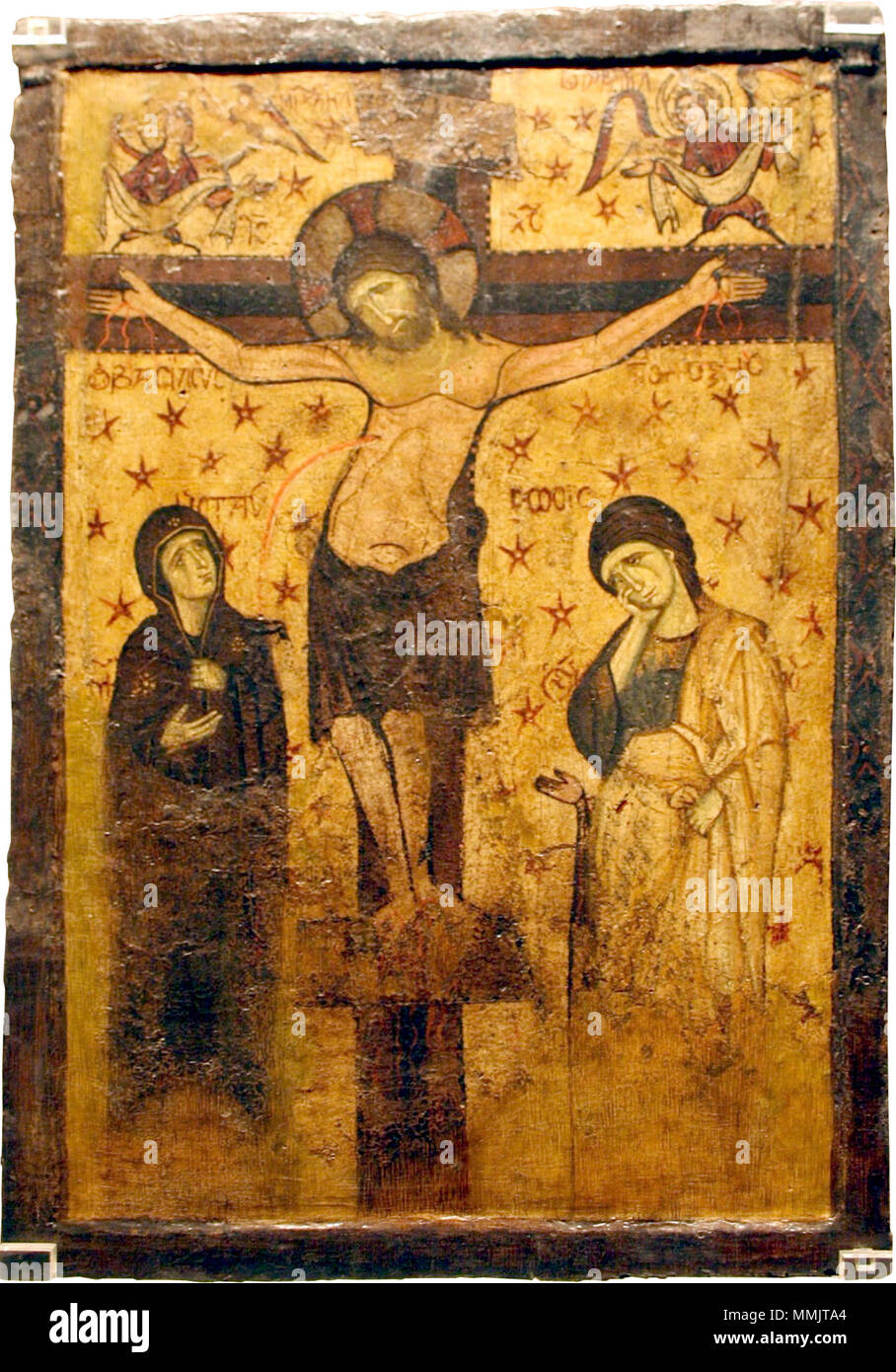 . Italiano : Icona con Crocifissione, dipinta a tre riprese nel IX, X e XIII secolo. Esposta nel Museo bizantino ad Atene e cristiano. Foto di Giovanni Dall'Orto, 12 novembre 2009. Anglais : Icône de la Crucifixion, datant du 9e, 10e et 13e siècle. Exposé au Musée Byzantin et Chrétien d'Athènes. Photo par Giovanni Dall'Orto, 12 novembre 2009. L'icône de double-face avec la crucifixion et la Vierge Hodiguitria l'icône, qui est la plus ancienne du musée, a trois différentes couches de peinture sur l'avant. À partir de la première, datant du 9e c., est conservé la croix, avec Banque D'Images