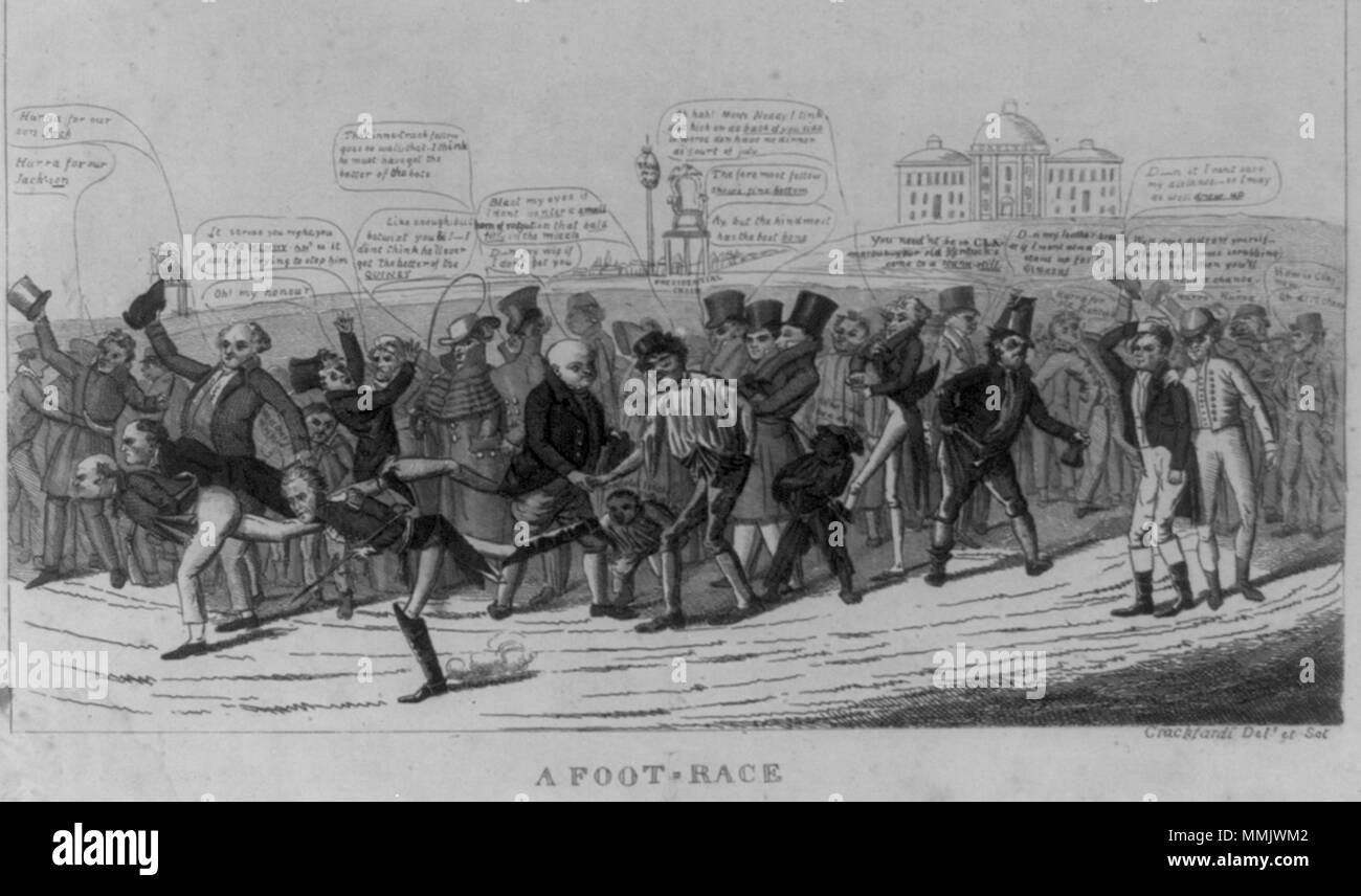 . Une course à pied. 1824. Par D.C. Johnston. Une représentation figurative de la course présidentielle de 1824. Une foule de citoyens d'encouragement regarder comme candidats (de gauche à droite) John Quincy Adams, William Crawford, et Andrew Jackson pas vers la finale. Henry Clay a passé de la course et se tient, de la main sur la tête, à l'extrême droite en disant :--n d'elle je ne peux pas enregistrer ma distance--donc je peut ainsi 'draw.'' Il est consolé par un homme en vêtements d'équitation, 'Eh bien, ne vous-même--détresse il y aura certains frottant par & par & alors vous aurez une chance." d'autres commentaires viennent de la foule, qui reflètent différents sectional Banque D'Images
