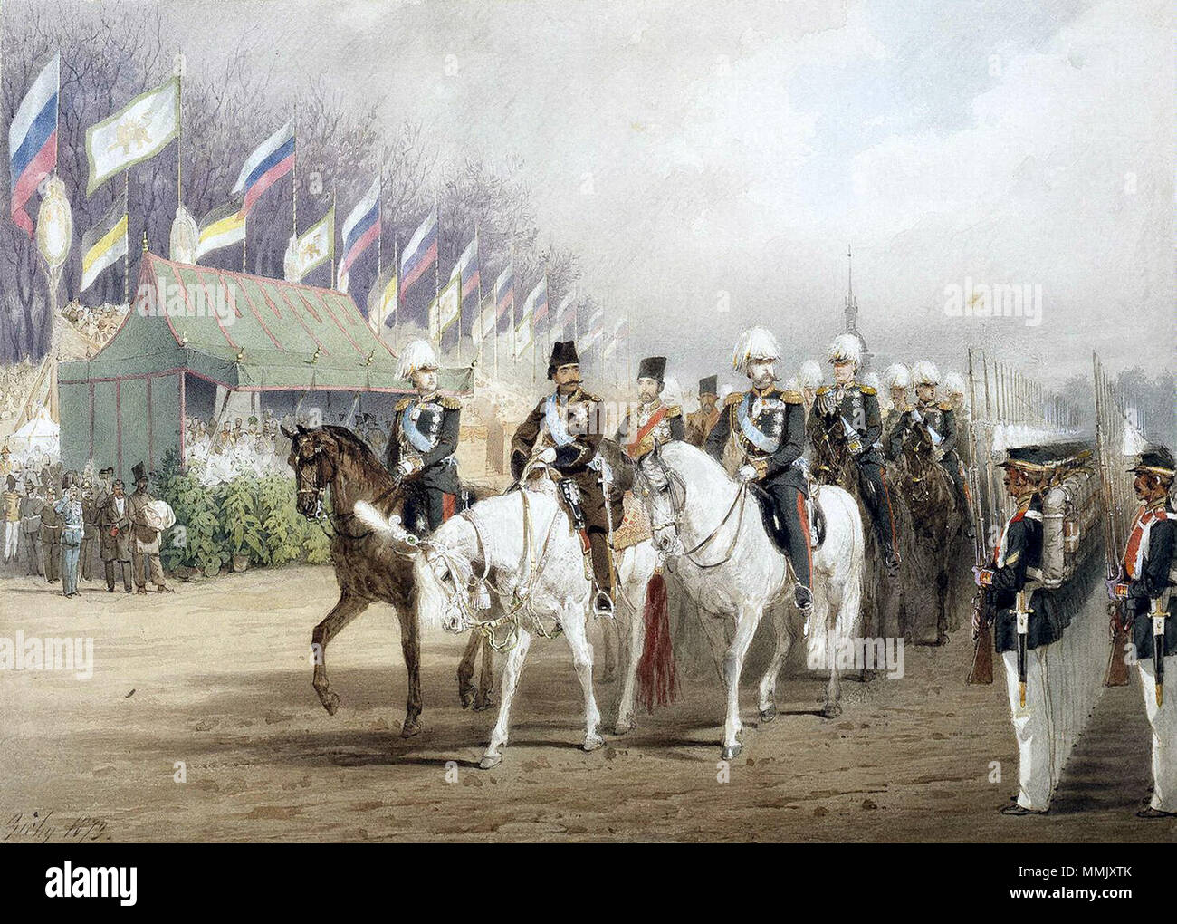 . Русский. Зичи Михай : Шах Наср Александр II и-эд-Дин во Царицыном лугу парада на время. 1873 год : Mihály Zichy Anglais Листы « Посещение персидским из серии шахом Санкт-Петербурга. 1873". (1874 Кат. 72, 73) Серия включает акварелей вложенных семь, папку тисненой надписью в с : Der Besuch S. М. Des Schah Persan von Происхождение à Saint-Pétersbourg : пост, в 1927 из Библиотеки Зимнем дворце Александра II в Литература : Алешина 1975 с. 204 шах Наср Александр II и-эд-Дин Царицыном во парада на время лугу Внизу слева подпись и дата : 1874 Акварель гуашь Zichy, графитный белила карандаш, изображение, ; Banque D'Images