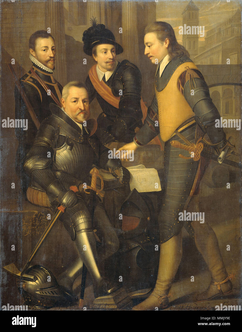 Portrait des quatre frères de Willem I, prince d'Orange : Jan (1536-1606), assis, Hendrik (1550-74), Adolf (1540-68) et Lodewijk (1538-74), comtes de Nassau.. vers 1630 (1630-1635). Comtes de Nassau Banque D'Images