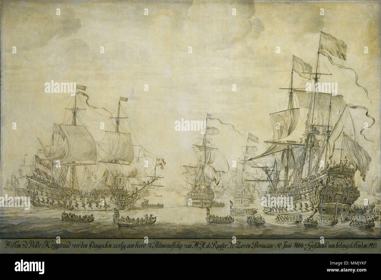 De krijgsraad aan boord van de 'De Zeven Provinciën" admiraalschip van het, Michiel de Ruyter Adriaensz, 10 juni 1666 (Willem van de Velde I, 1693) Banque D'Images
