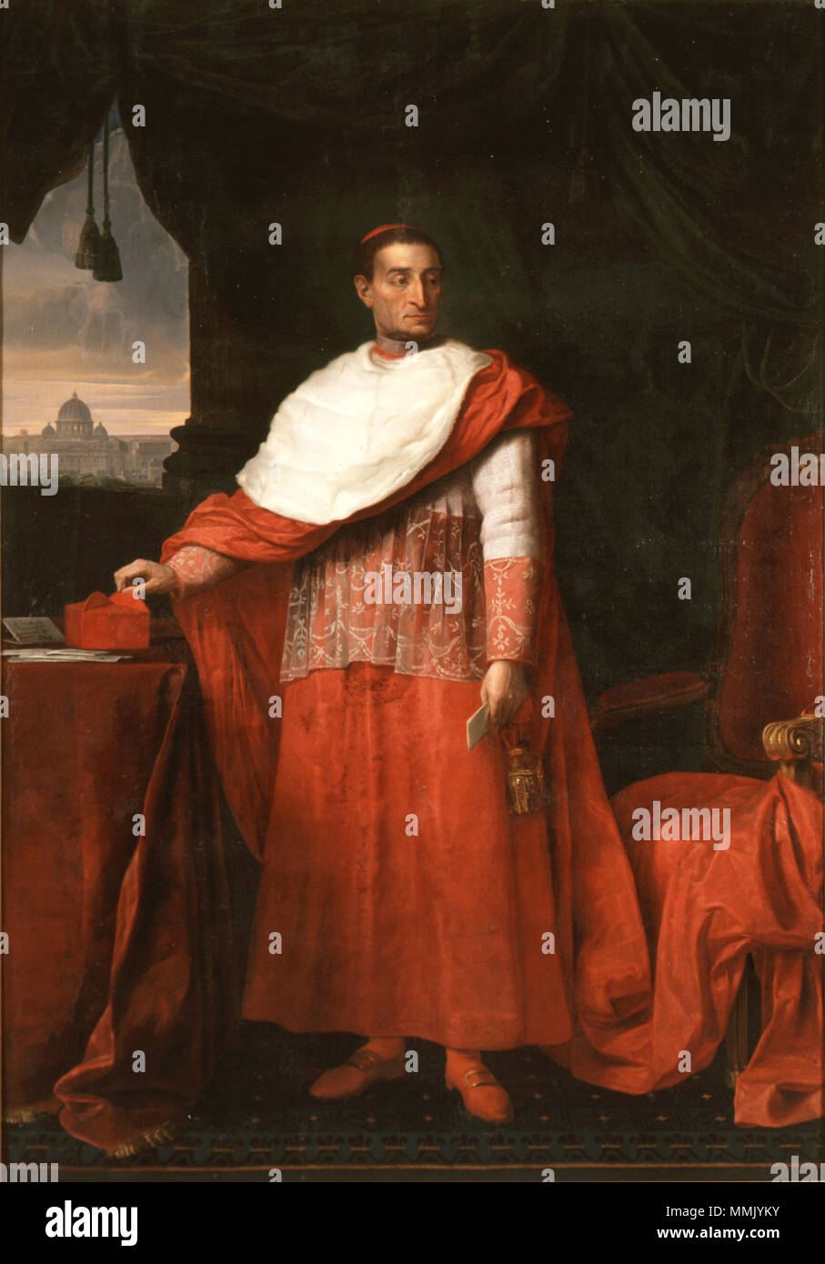 . Anglais : Retrato del Cardenal español Francisco Antonio Javier de Gardoqui y Arriquíbar (1747-1820), antes de que expirar al cardenalato fue vicario general de Palencia, fiscal de la Inquisicion en Granada y en Valladolid y de Sagunto arcediano y Alarcón. Además, su pericia en asuntos fiscales y sus adore le valieron oratorias el nombramiento en 1789, de comptes del tribunal de la Sagrada Rota por el Reino de Castilla. El Cardenal Antonio Francisco Javier de Gardoqui y Arriquíbar. 1816. Cardenal Gardoqui por Madrazo Banque D'Images