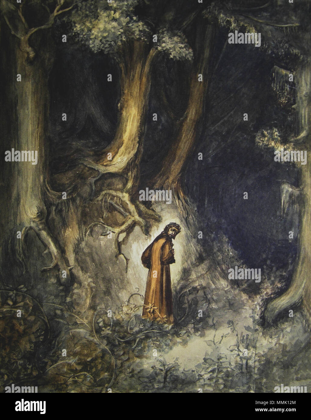 . English : Dante perdu dans la forêt obscure entre en enfer. L'Enfer de Dante Alighieri 1 Chant illustré par Gustave Doré en 1861. Gouache d'époque attribué à Gustave Doré. Gouache vendue vers 1865 au Canada dans une galerie d'art (Thompson's Art Store 68 & 70 King Street East Hamilton.) Cadre d'epoque, l'étiquette de la galerie. . 1861. Gustave Doré (1832-1883) Noms alternatifs Paul Gustave Doré, Paul Gustave Louis Christophe Doré Description peintre, illustrateur, graveur et caricaturiste Date de naissance/Décès 6 Janvier 1832 23 janvier 1883 Lieu de naissance/décès Strasbourg Banque D'Images