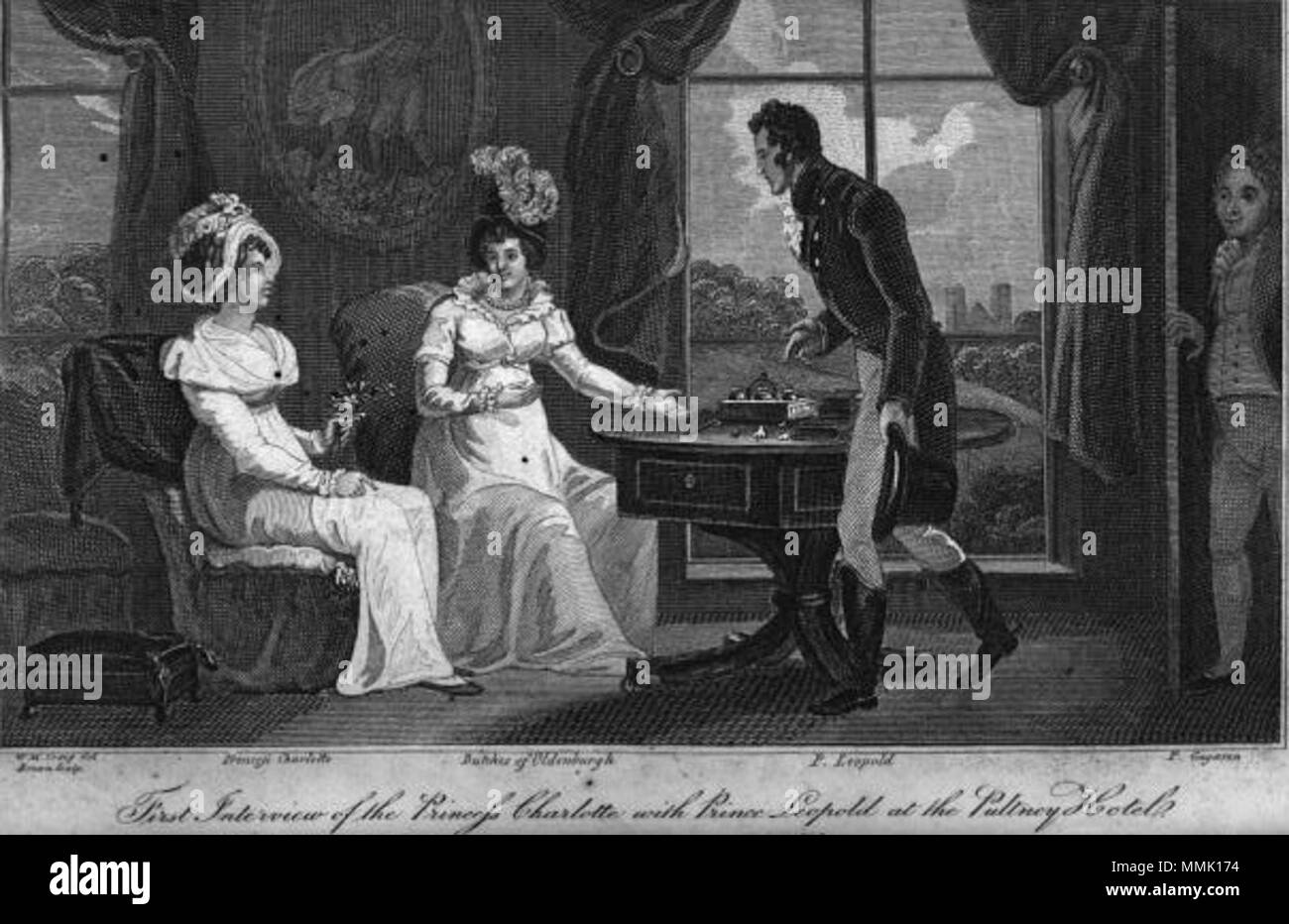 . Anglais : vue d'artiste de la première rencontre entre la Princesse Charlotte de galles et le prince Léopold de Saxe-Cobourg-Saalfeld durant la w:visite des souverains alliés à l'Angleterre en juin 1814. . L'année 1814. Charlotte Inconnu rencontre Leopold Banque D'Images