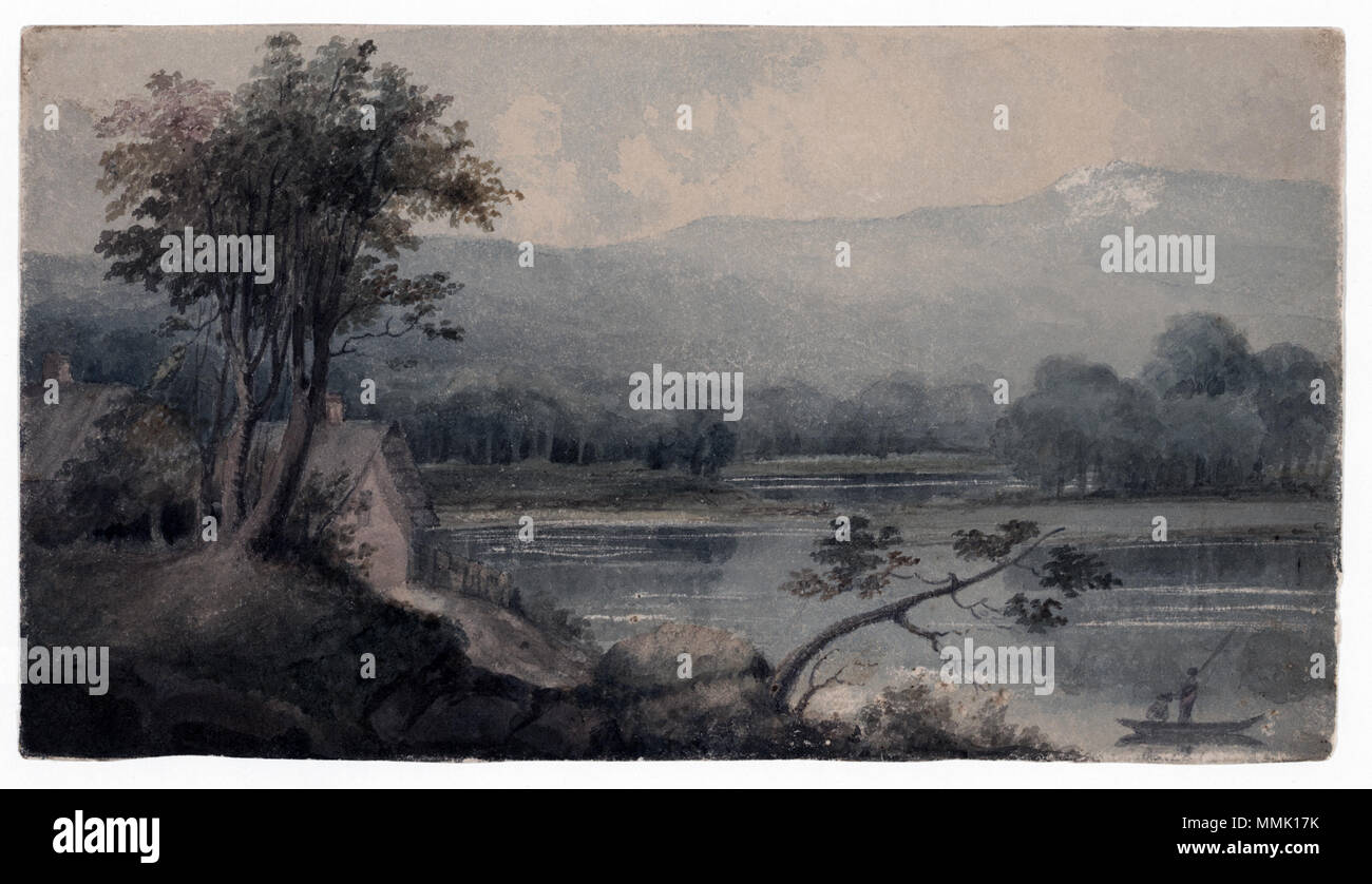 . Anglais : Dessin montre un plan d'eau, peut-être la rivière Hudson, avec des montagnes qui culminent à l'extrémité et deux maisons sur le près de côté. Brown a été à Albany, New York, United States en 1842 et 1843. (Aquarelle et graphite underdrawing sur grattage.) . 1842 ou 1843. Henry Kirke Brown Peinture Albany Banque D'Images